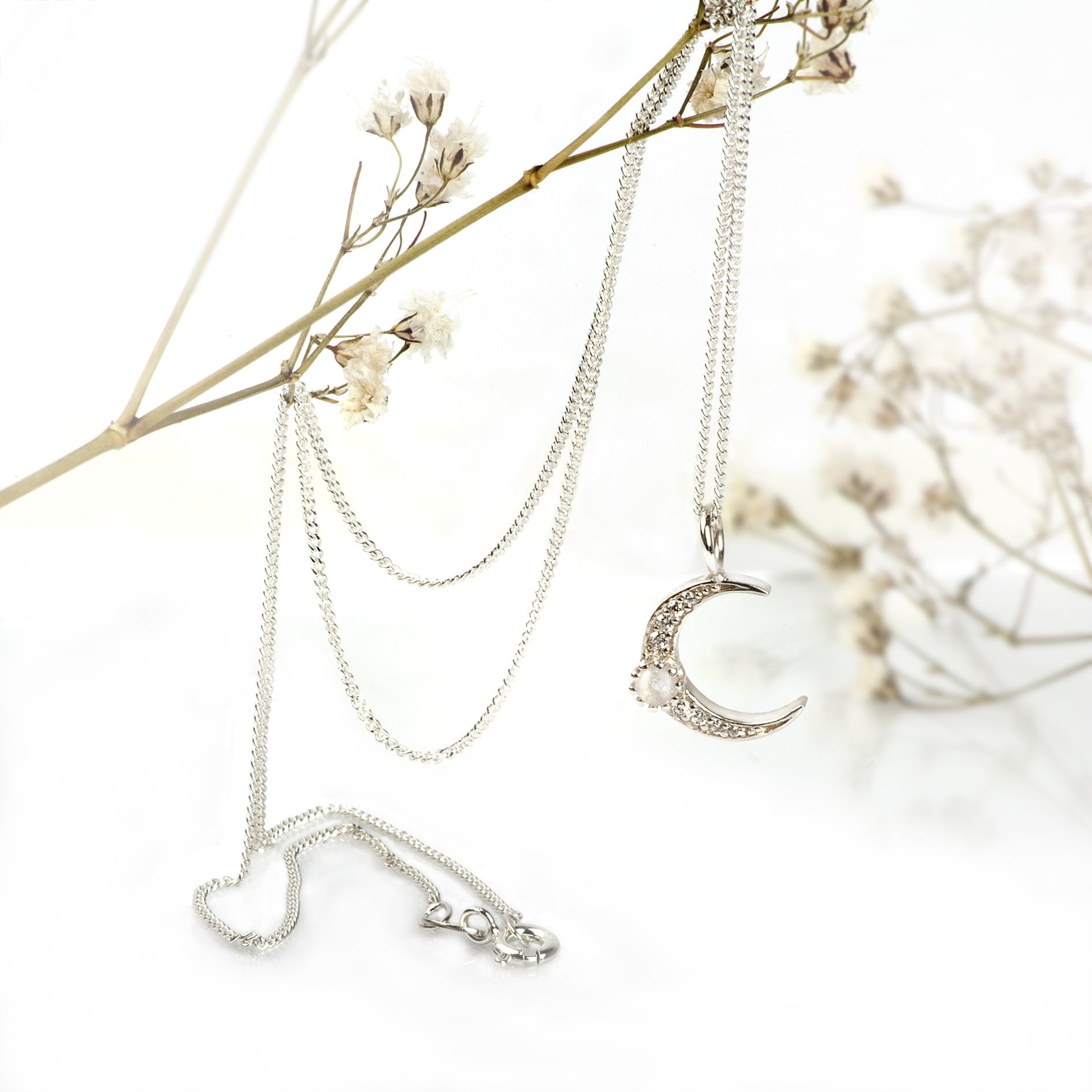 Cresent Moon Charm Necklace with CZ and Moonstone in Sterling Silver