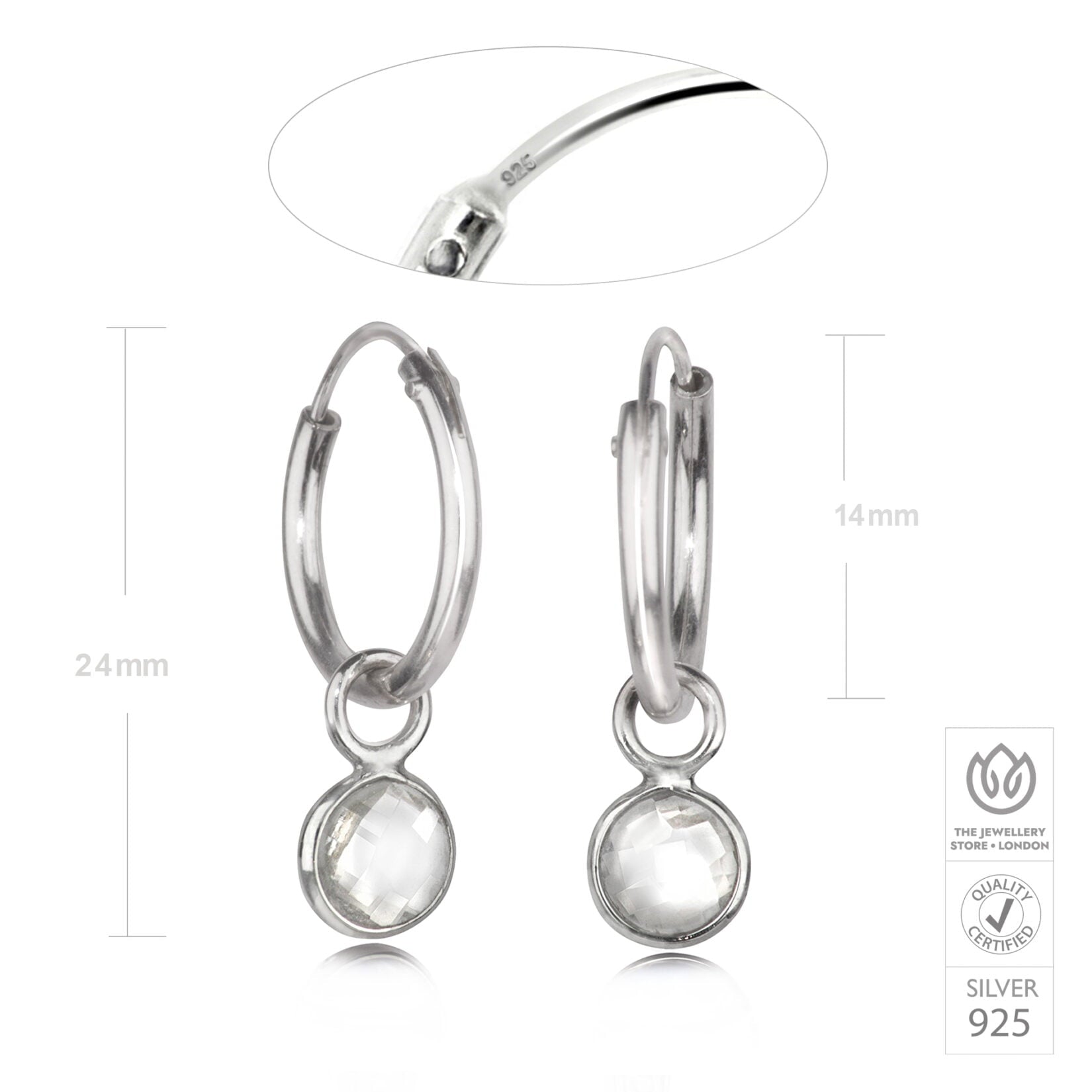 April Birthstone Hoop Earrings with Crystal Charm in Sterling Silver