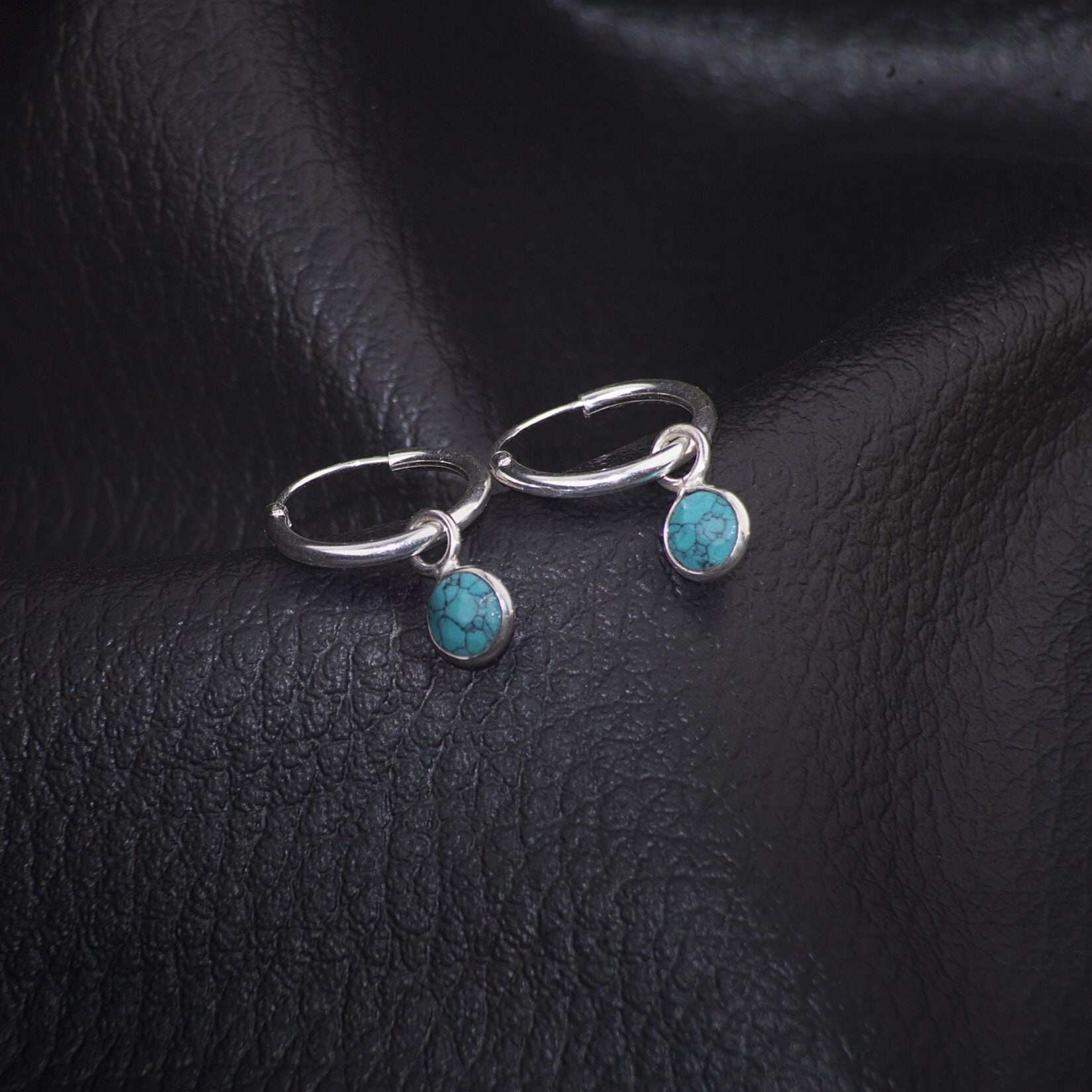 December Birthstone Hoop Earrings with Tibetan Turquoise Charm in Sterling Silver