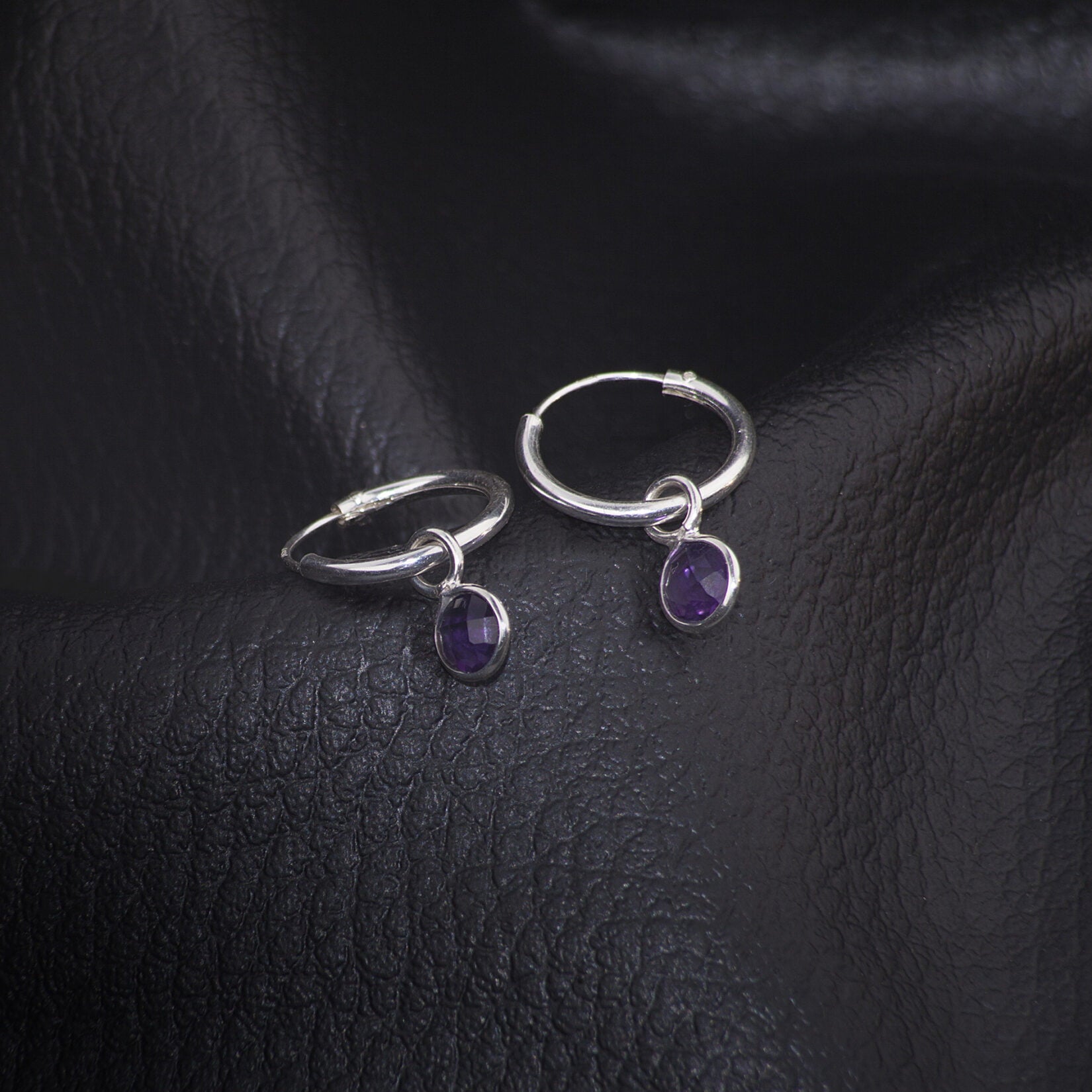 February Birthstone Hoop Earrings with Amethyst Charm in Sterling Silver