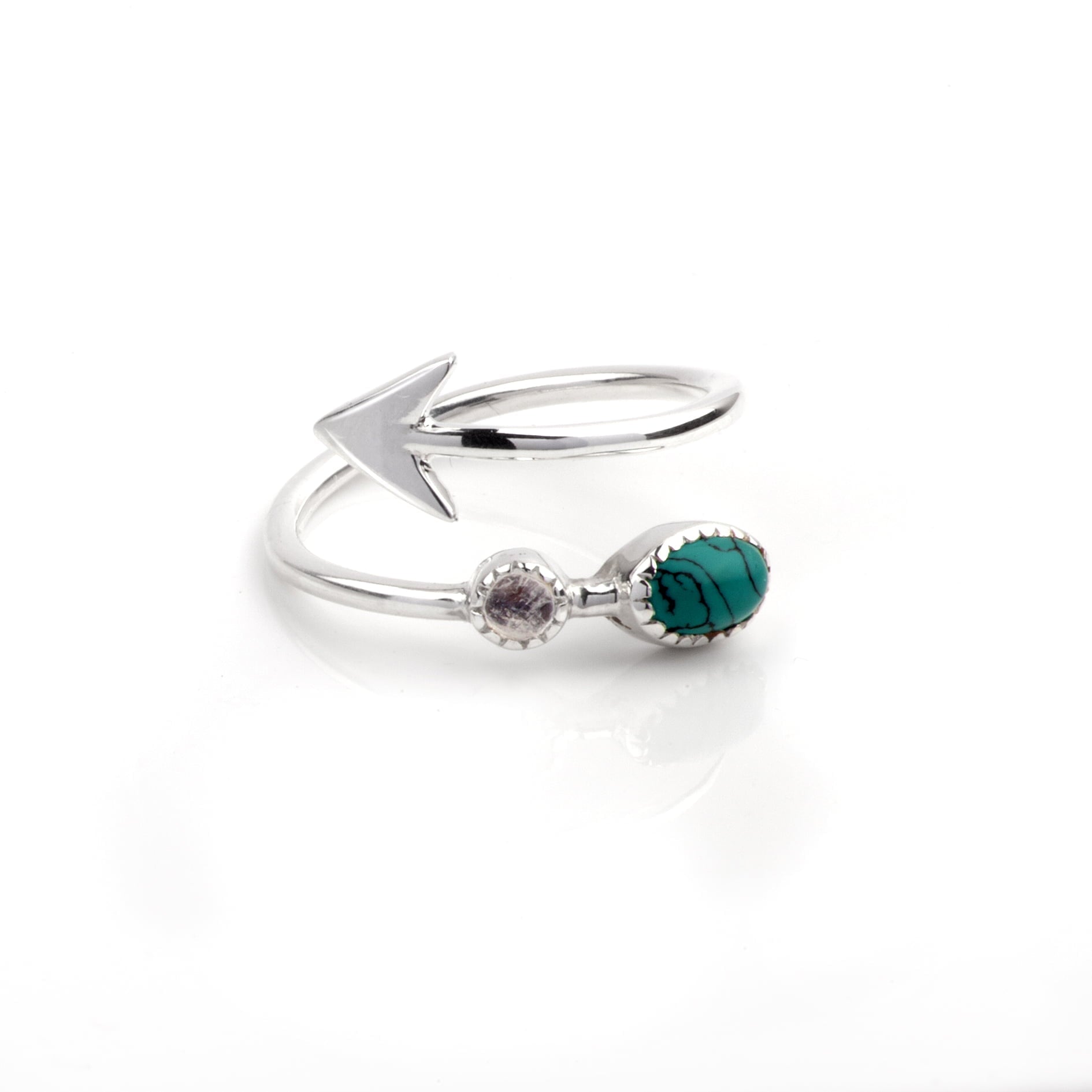 Adjustable Arrow Ring with Turquoise and Moonstone in Sterling Silver