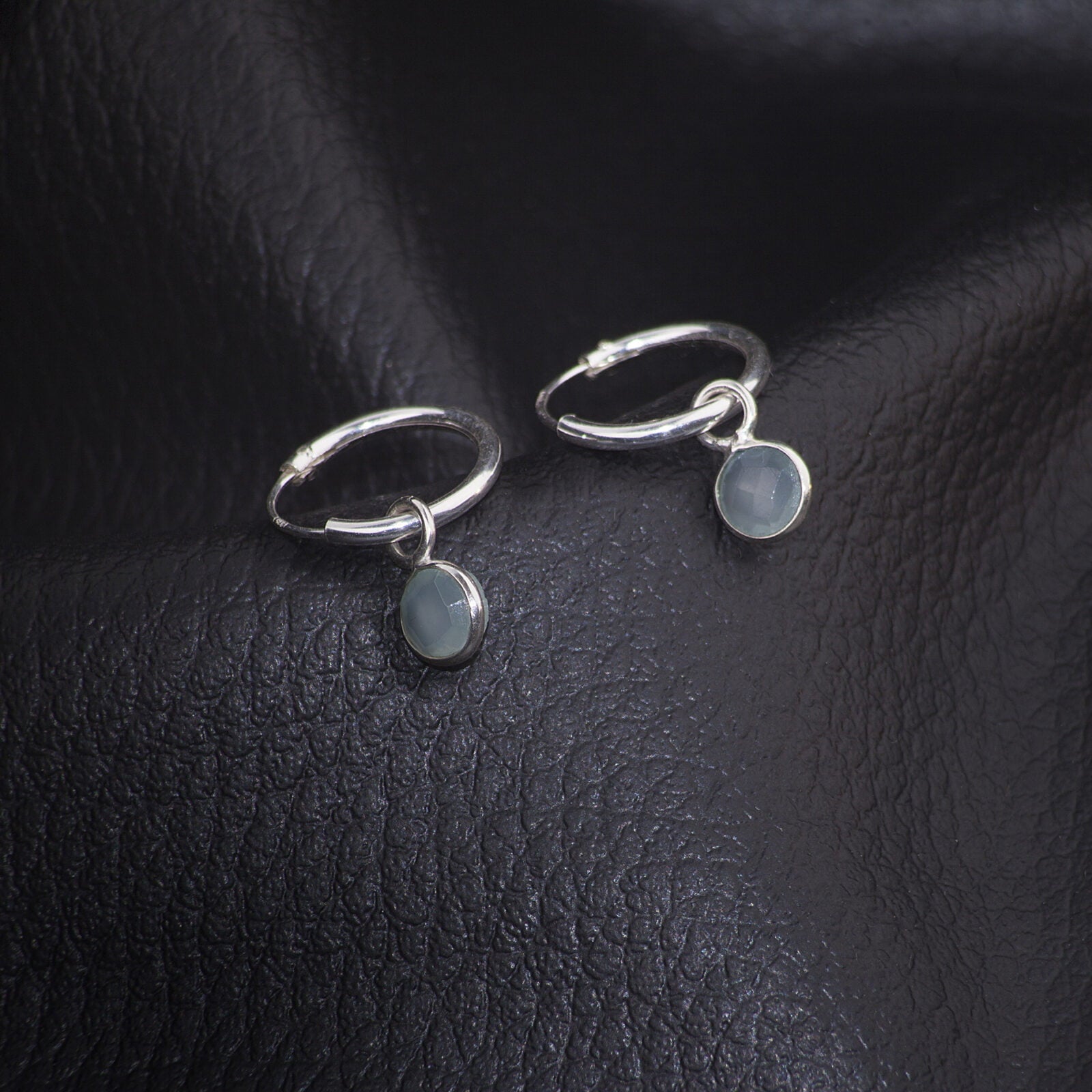 March Birthstone Hoop Earrings with Aqua Chalcedony Charm, in Sterling Silver
