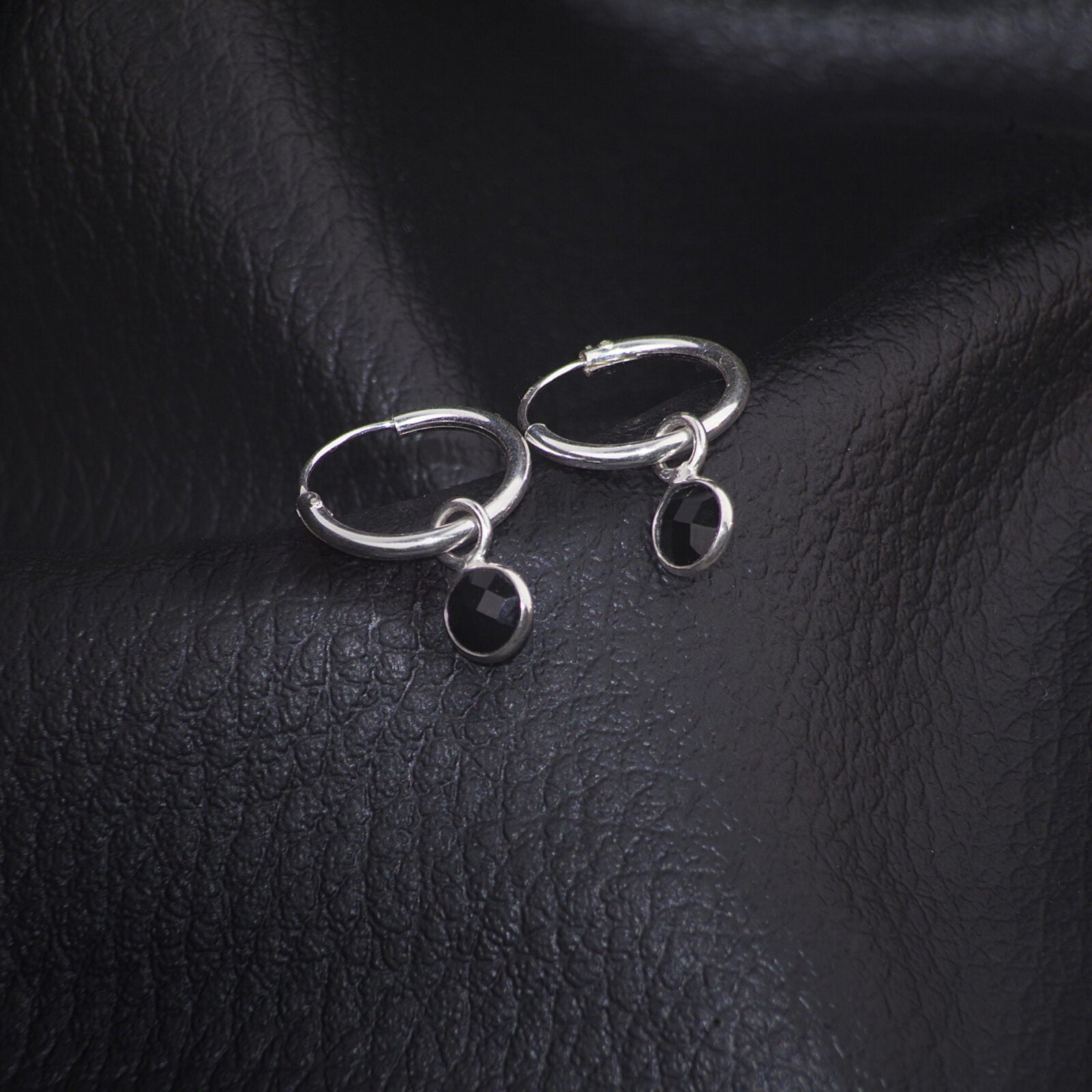Hoop Earrings with Black Onyx Charm in Sterling Silver