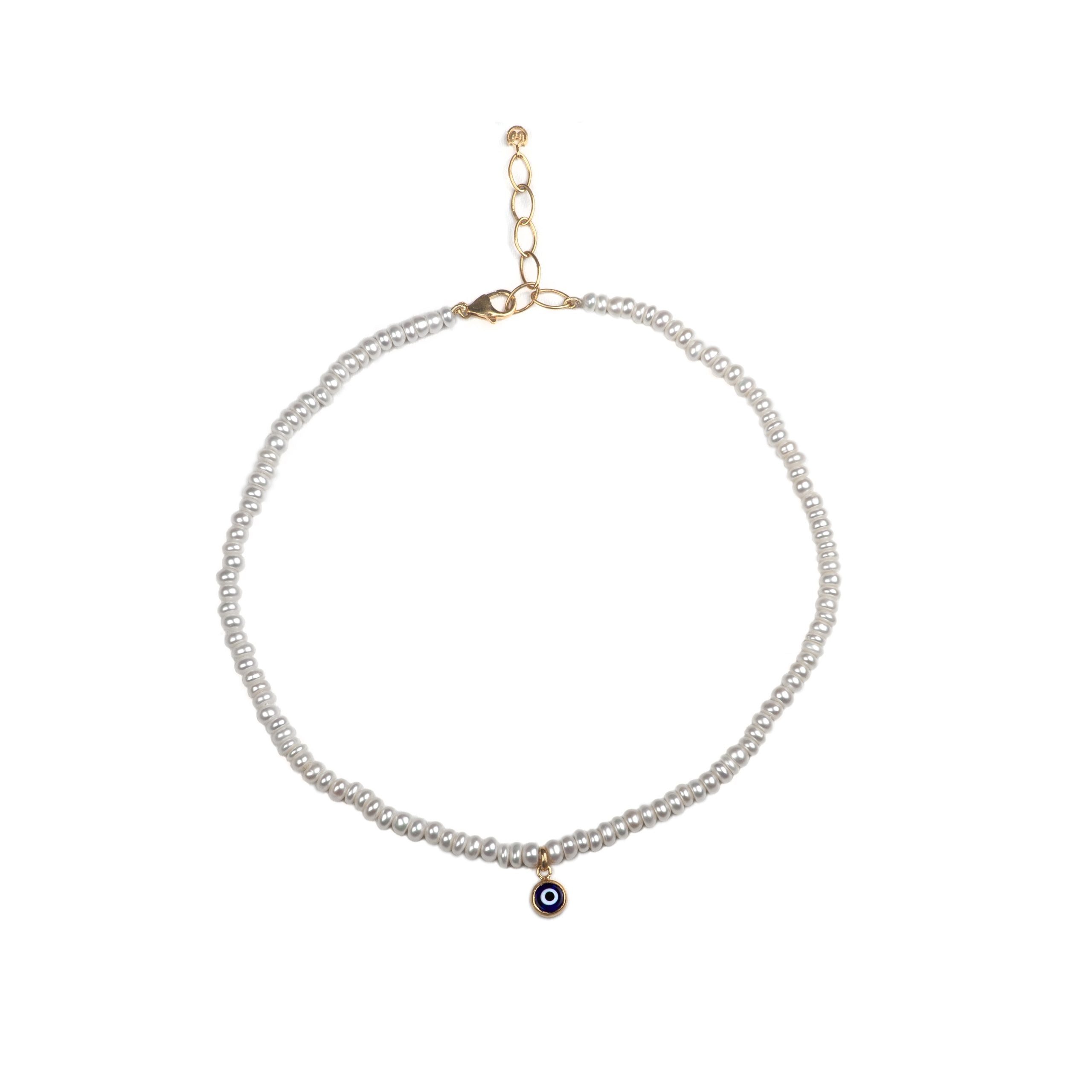 Fresh Water Pearl Choker Necklace With Nazar Charm In Gold Vermeil