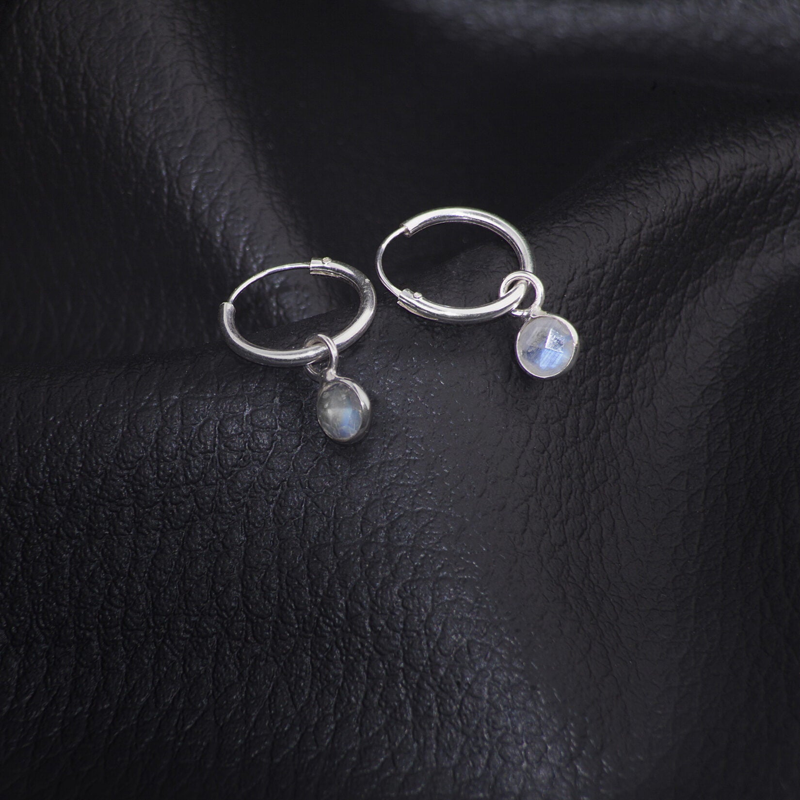 June Birthstone Hoop Earrings with Moonstone Charm in Sterling Silver