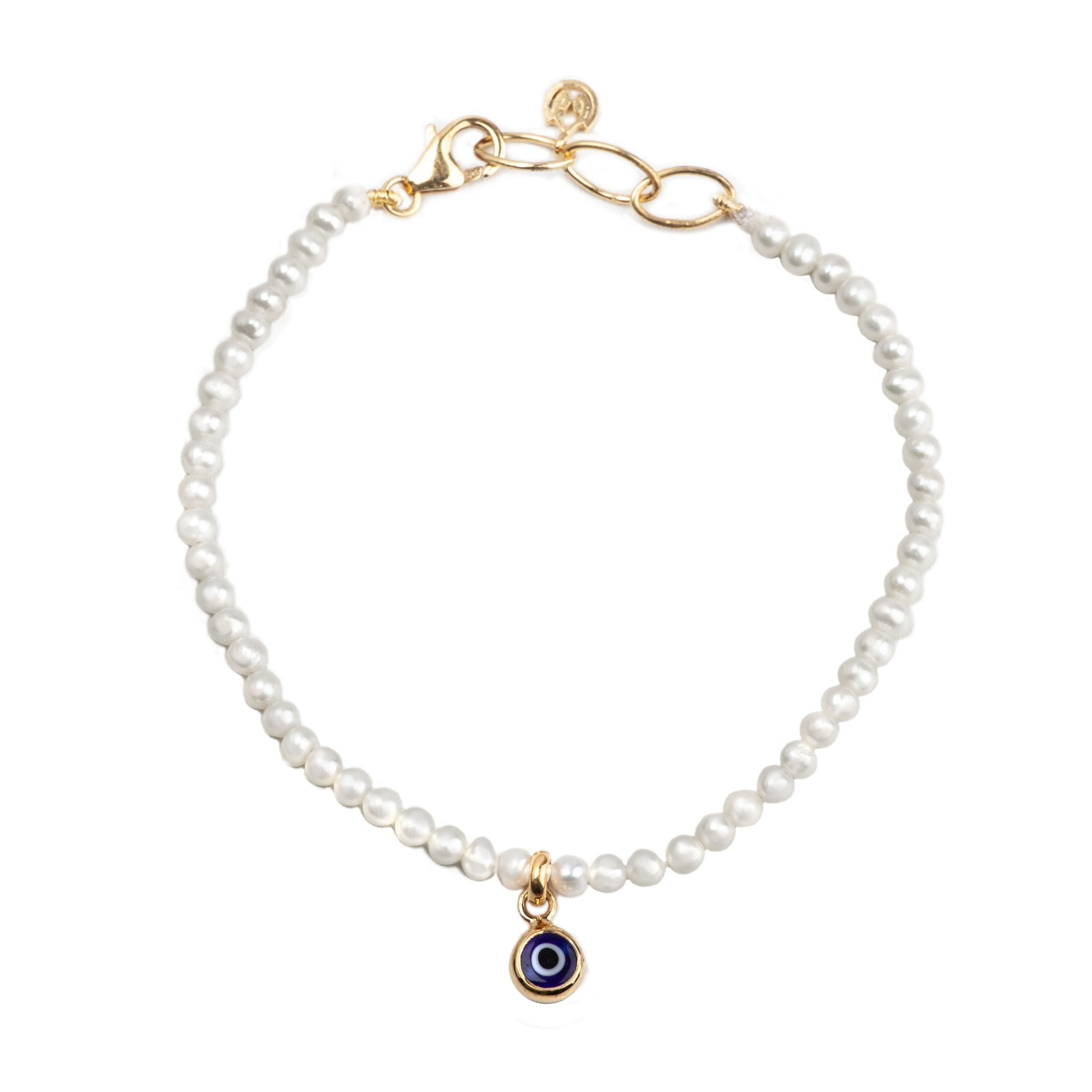Fresh Water Pearl Bracelet With Nazar Charm in Gold Vermeil