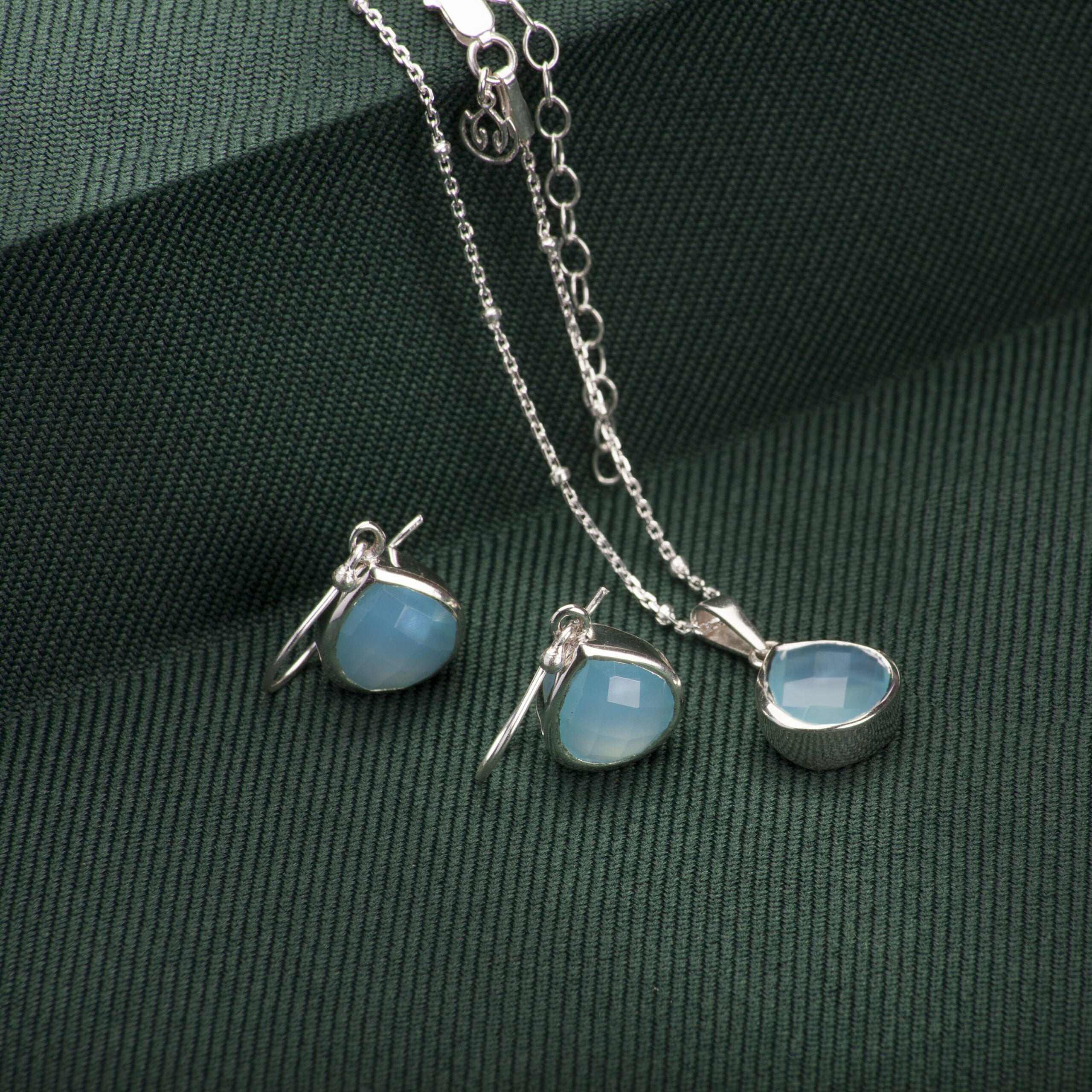 Pear-Shaped Aqua Chalcedony Jewellery Set in Sterling Silver