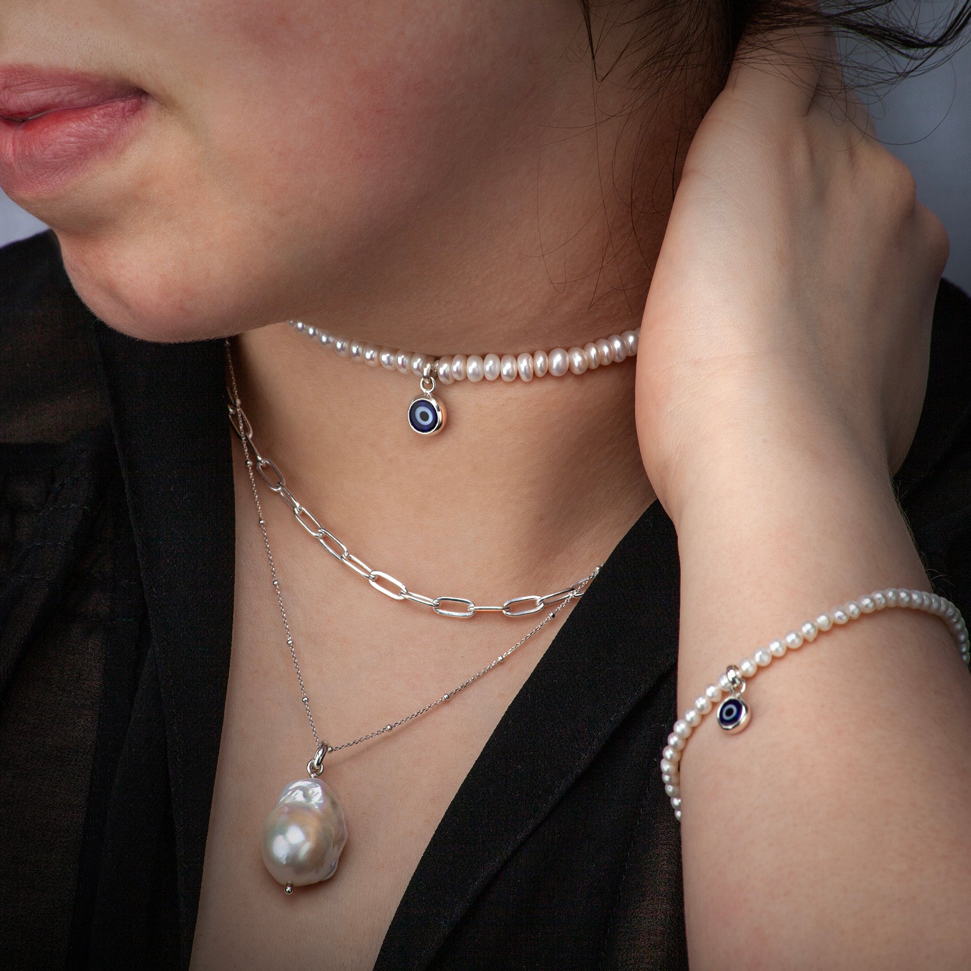 Fresh Water Pearl Bracelet With Nazar Charm in Gold Vermeil