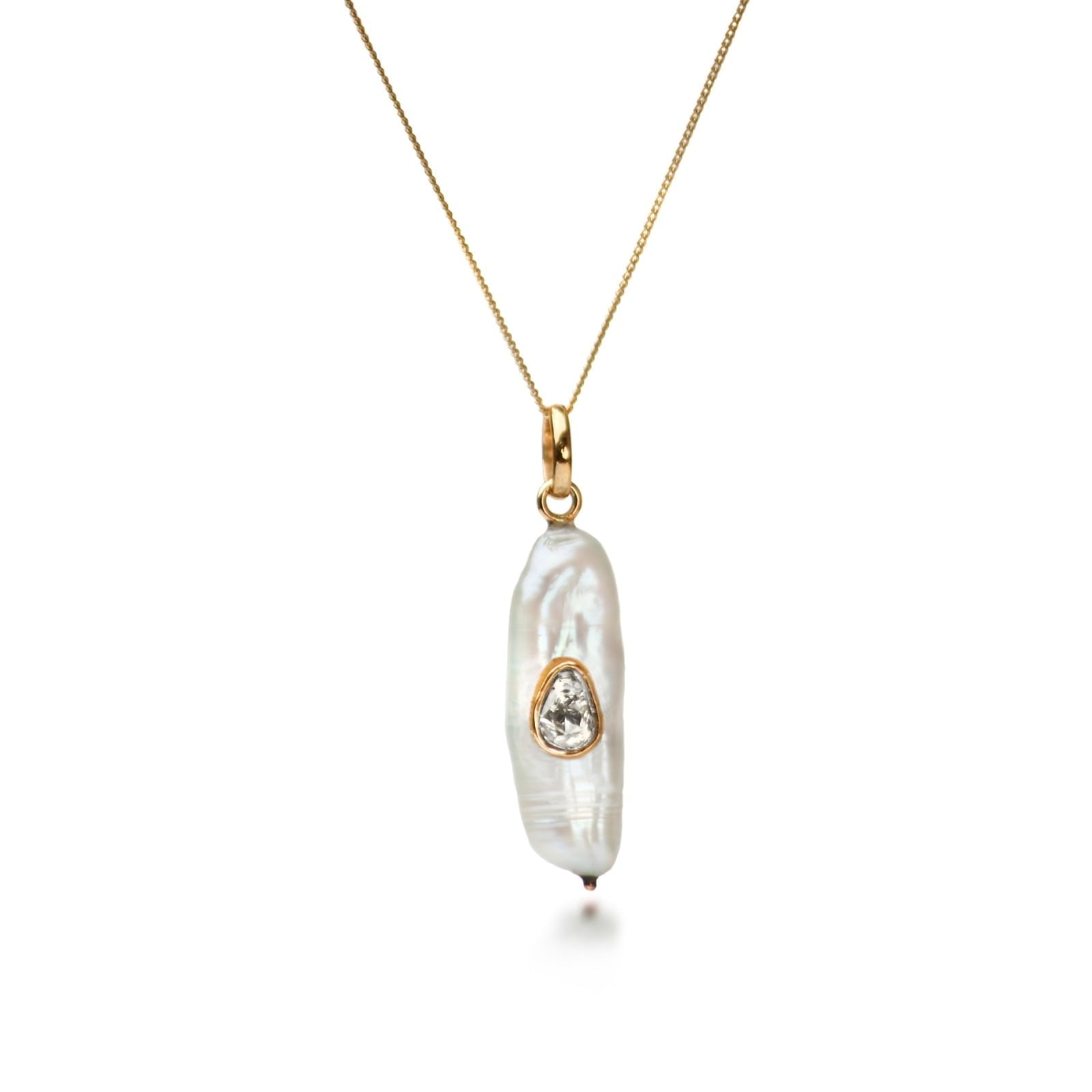 Biwa Pearl with Diamond Engraved Necklace in Solid Gold