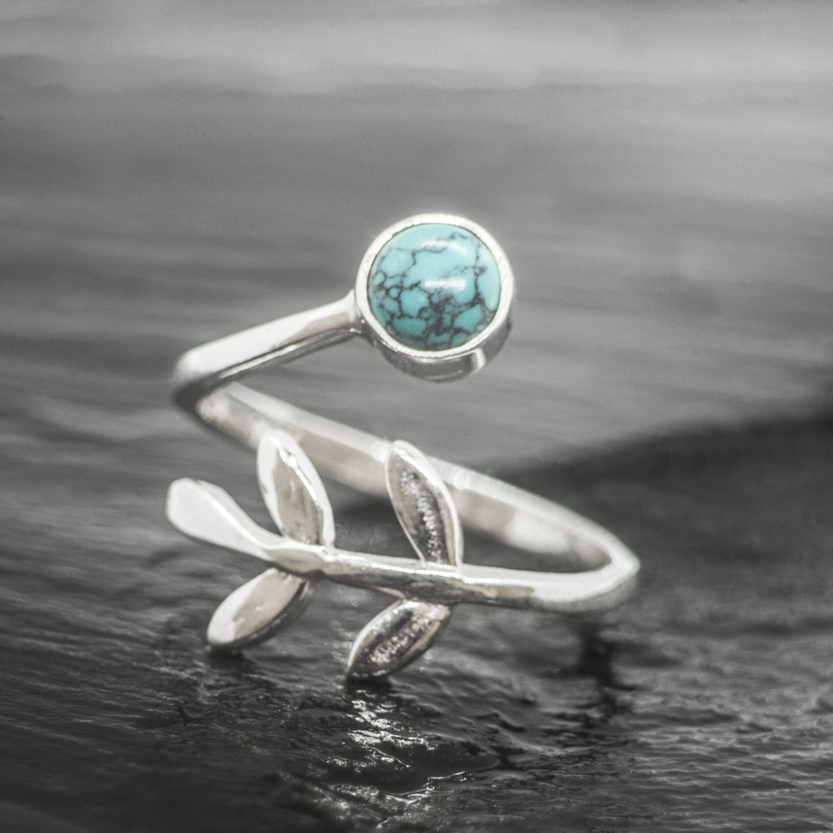 Adjustable Turquoise Ring with Leaves in Sterling Silver