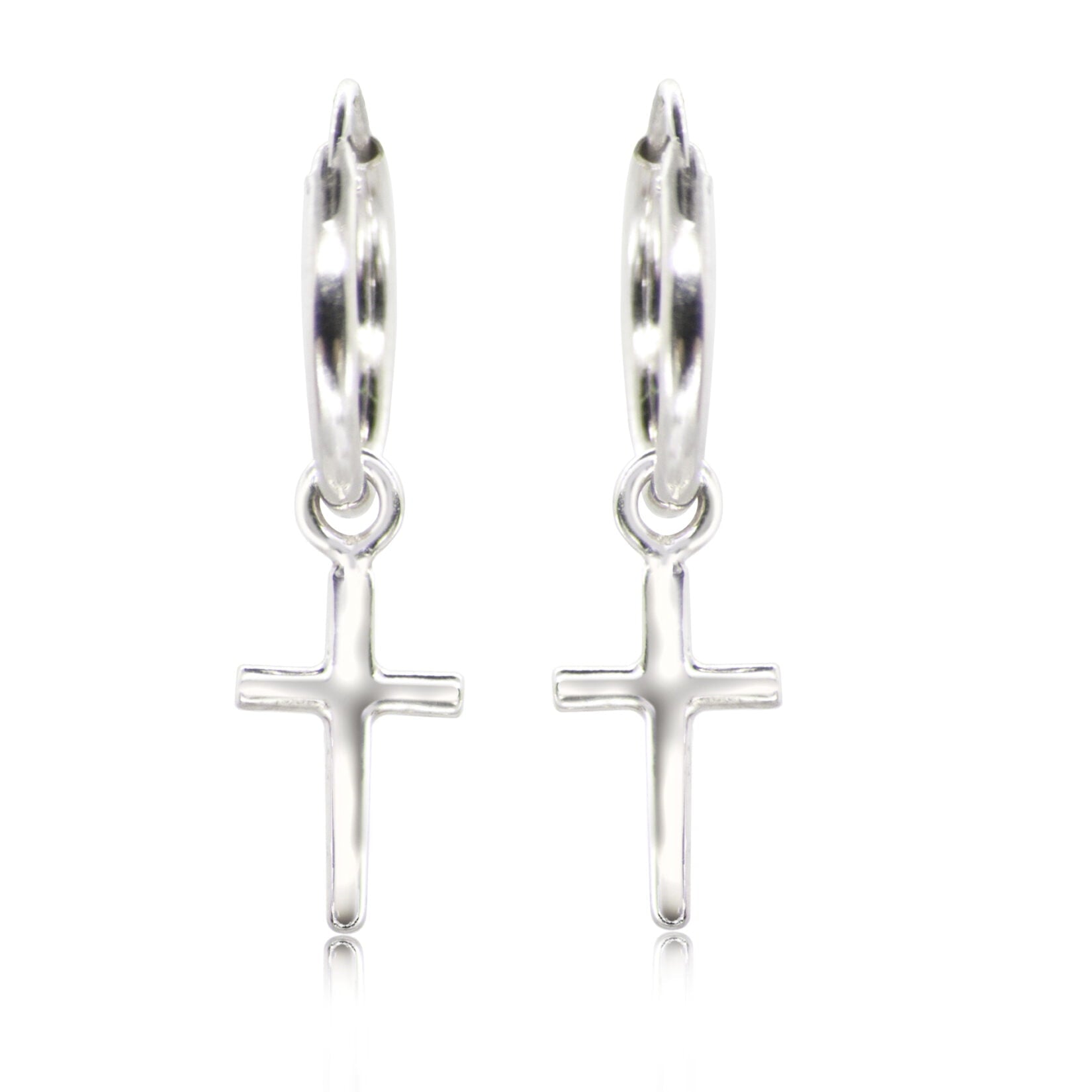Hoop Earrings with Plain Cross Charm in Sterling Silver