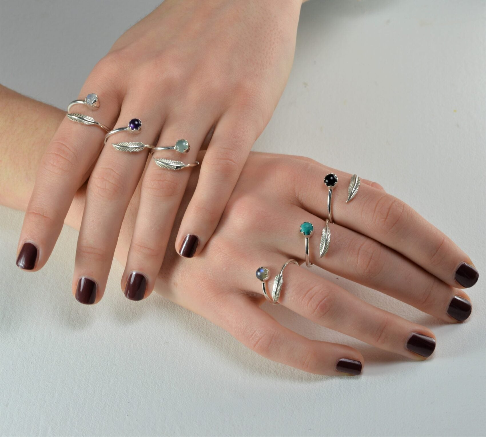 Adjustable Black Onyx and Leaf Ring in Sterling Silver