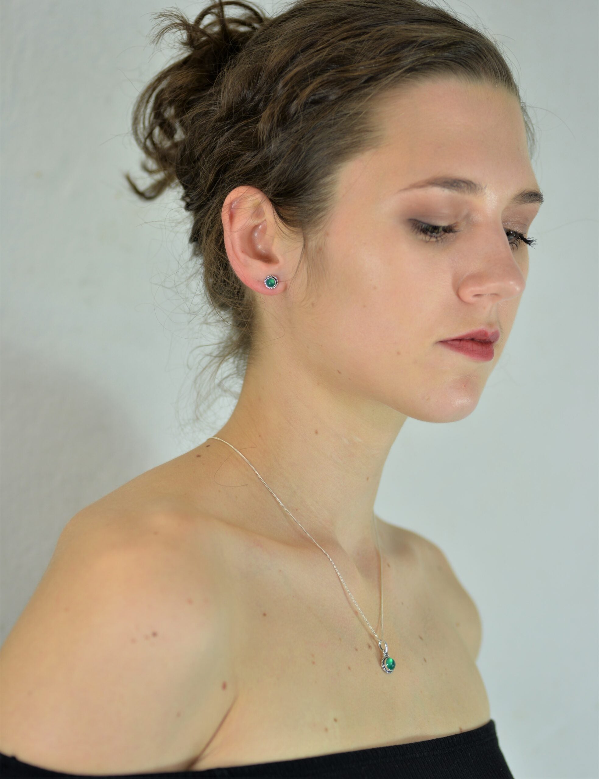 Twisted Wire Round Green Onyx Jewellery Set in Sterling Silver