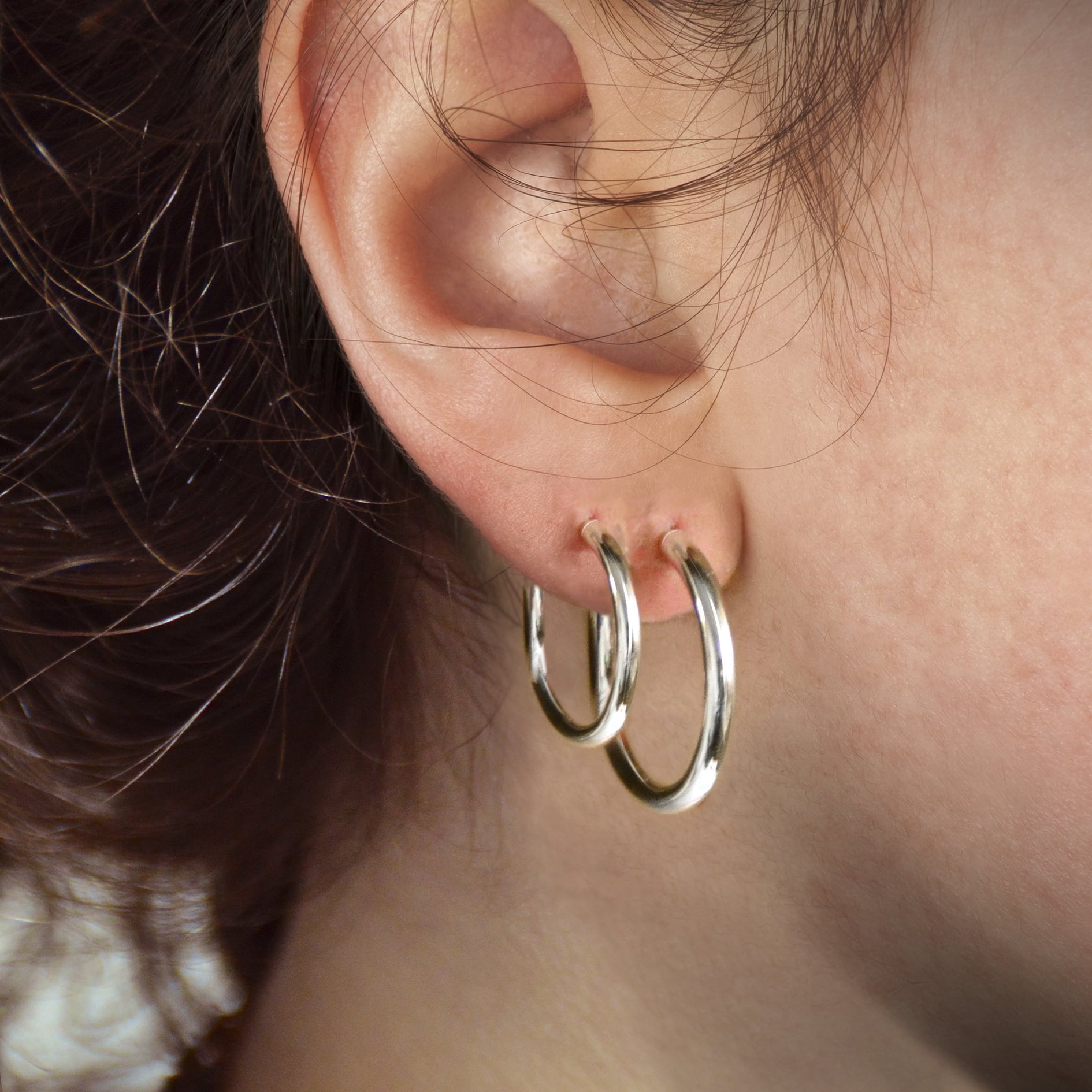 Plain Open Hoop Studs Earrings in Sterling Silver