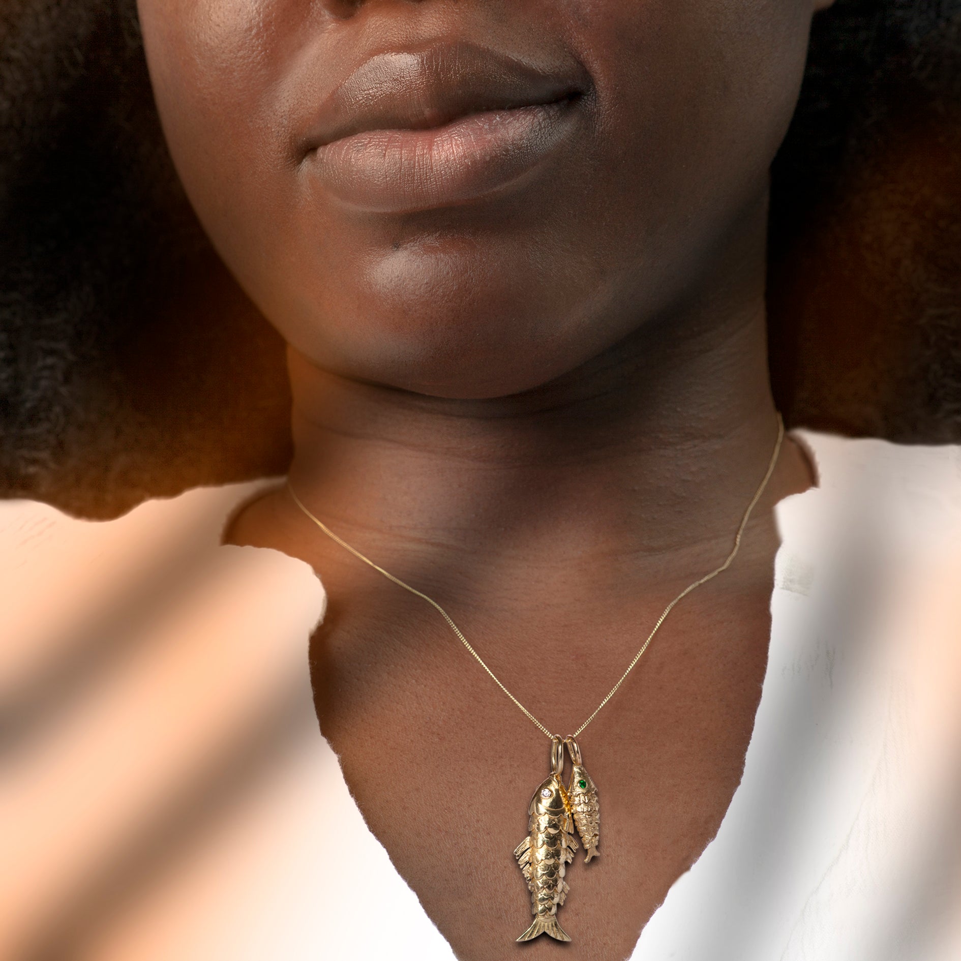 Small Fish Pendant Necklace With Emerald in 18ct Solid Gold