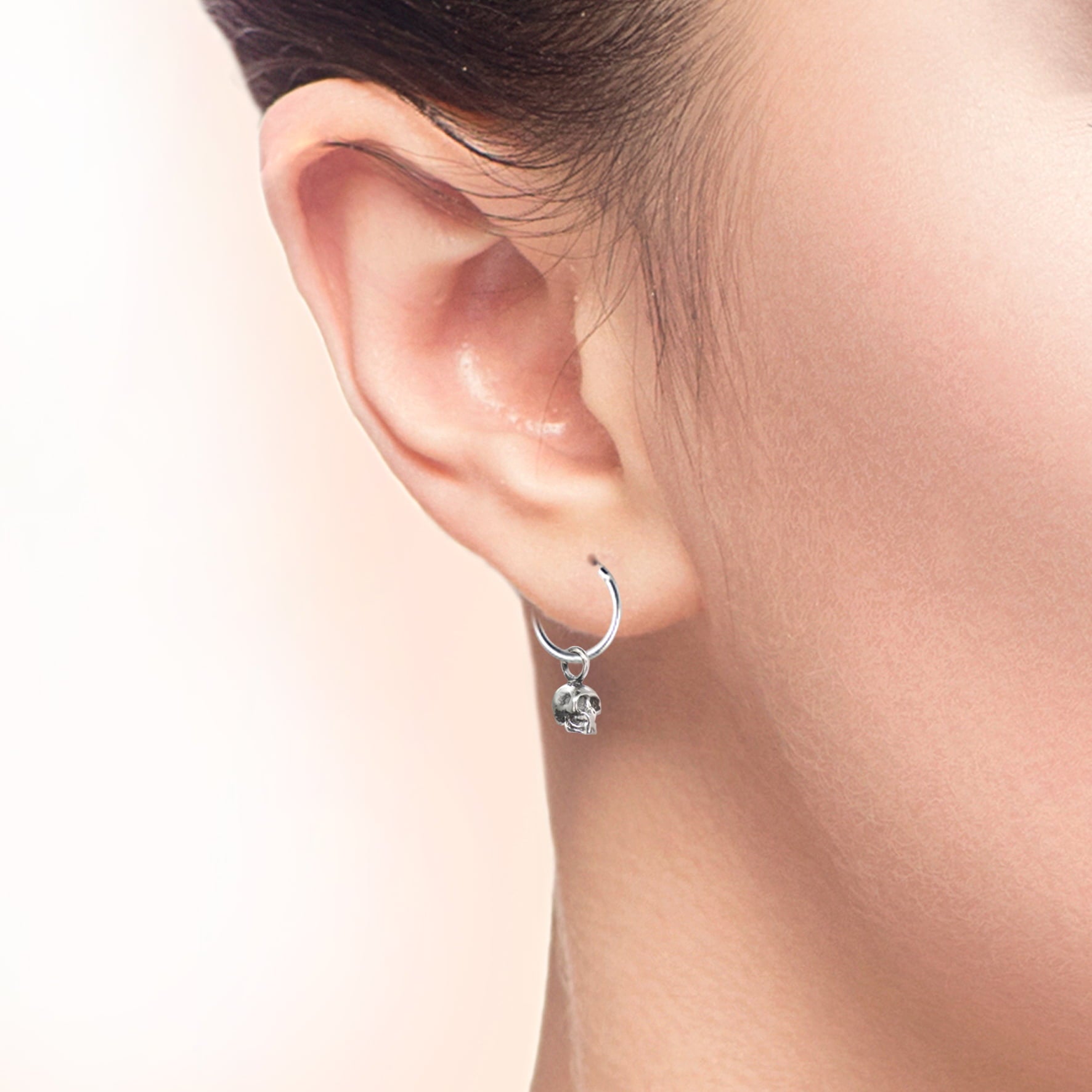 Hoop Earrings with Skull Charm in Sterling Silver