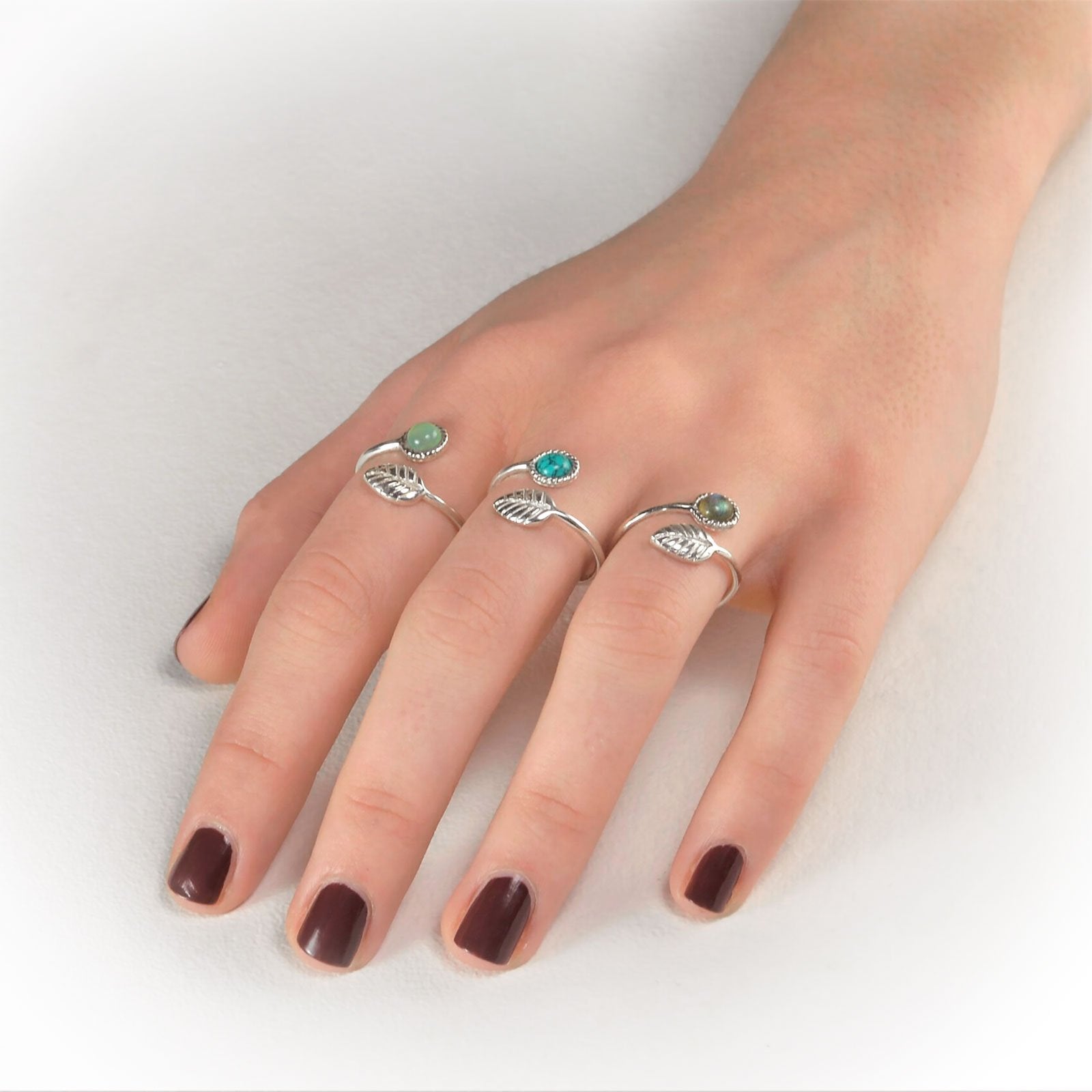 Adjustable Aqua Calci and Tiny Leaf Ring in Sterling Silver