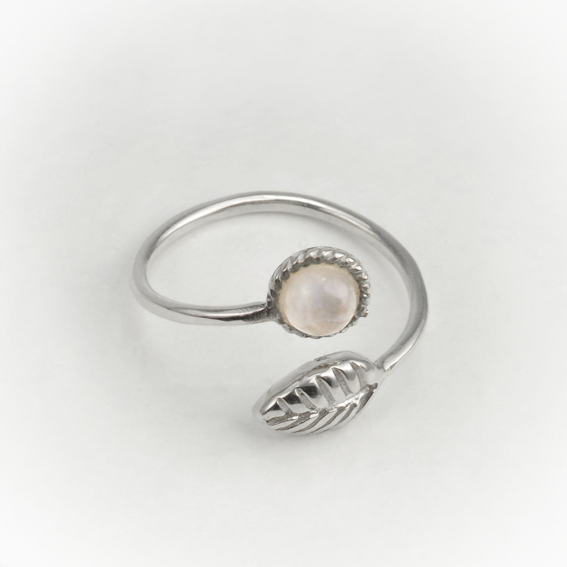 Adjustable Moonstone and Tiny Leaf Ring in Sterling Silver