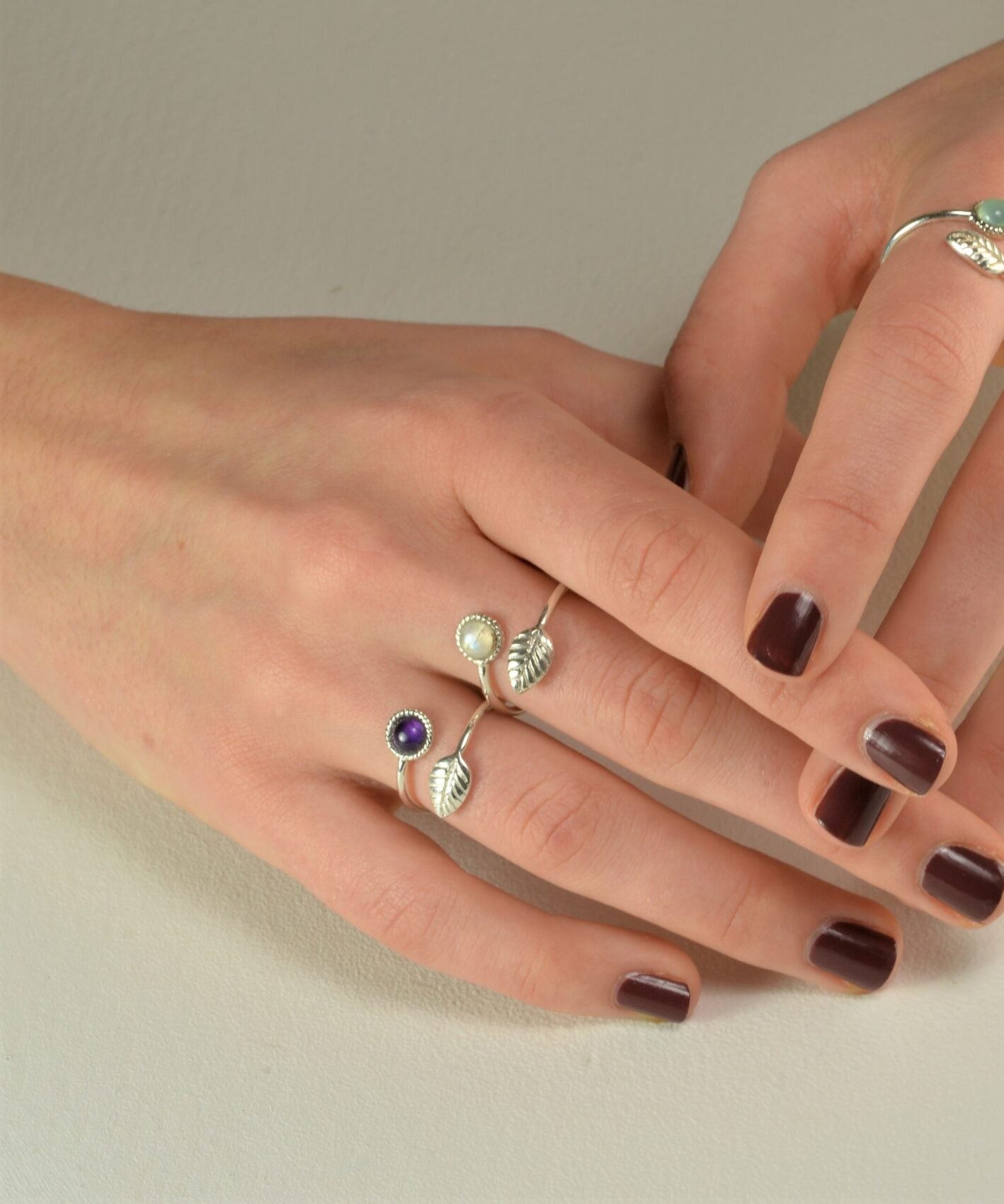 Adjustable Amethyst and Tiny Leaf Ring in Sterling Silver
