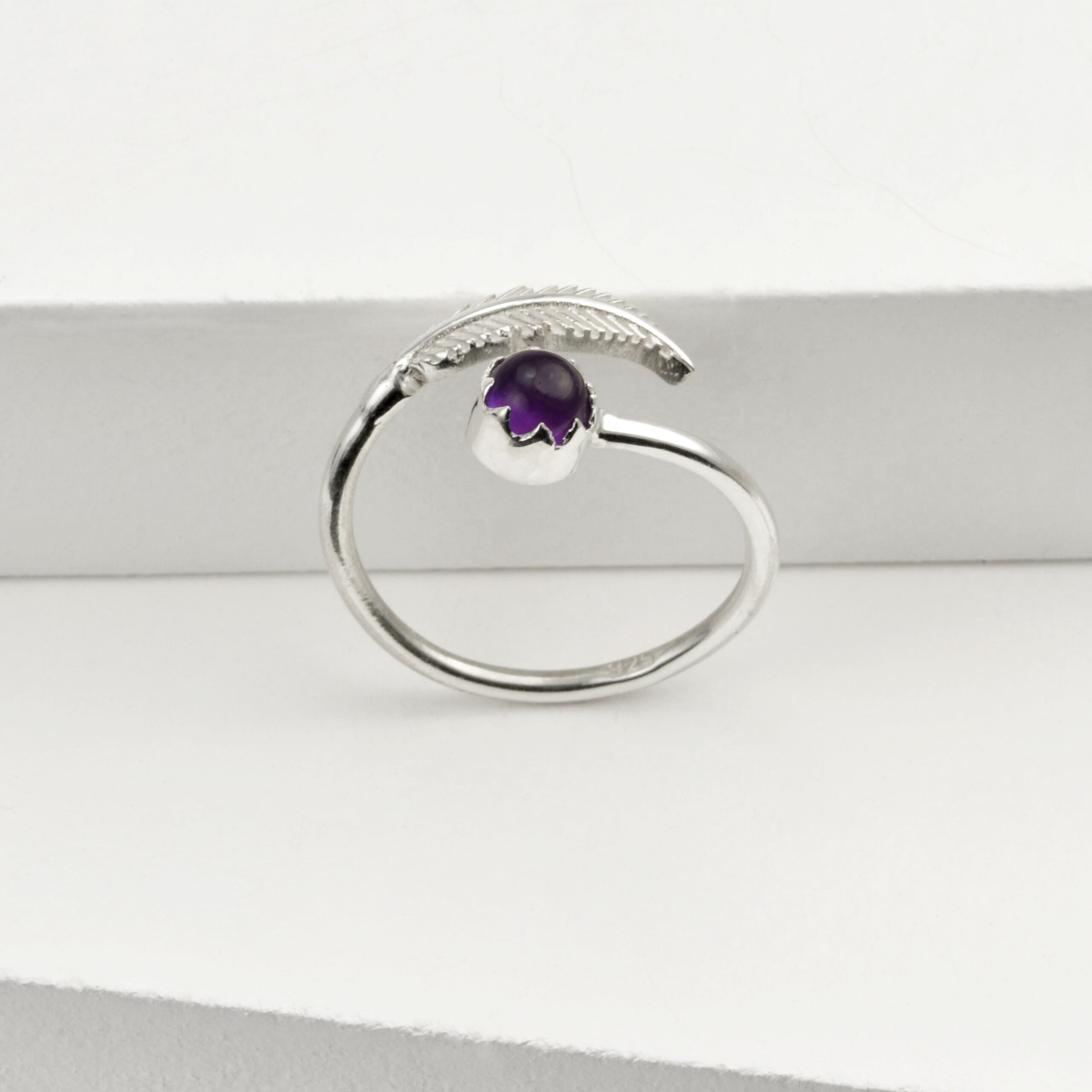 Adjustable Amethyst and Leaf Ring in Sterling Silver