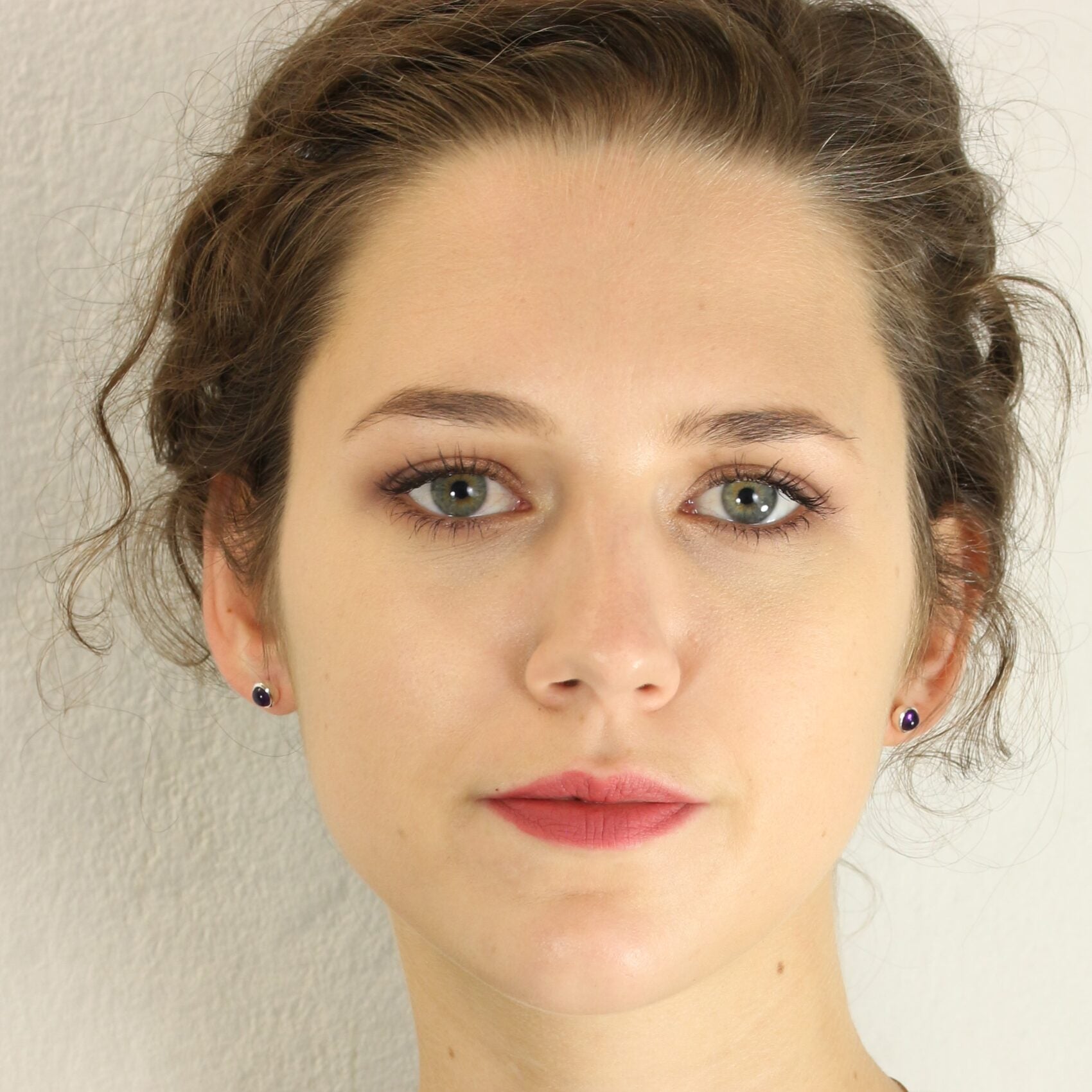 February Birthstone Earrings with Amethyst Gemstones on model