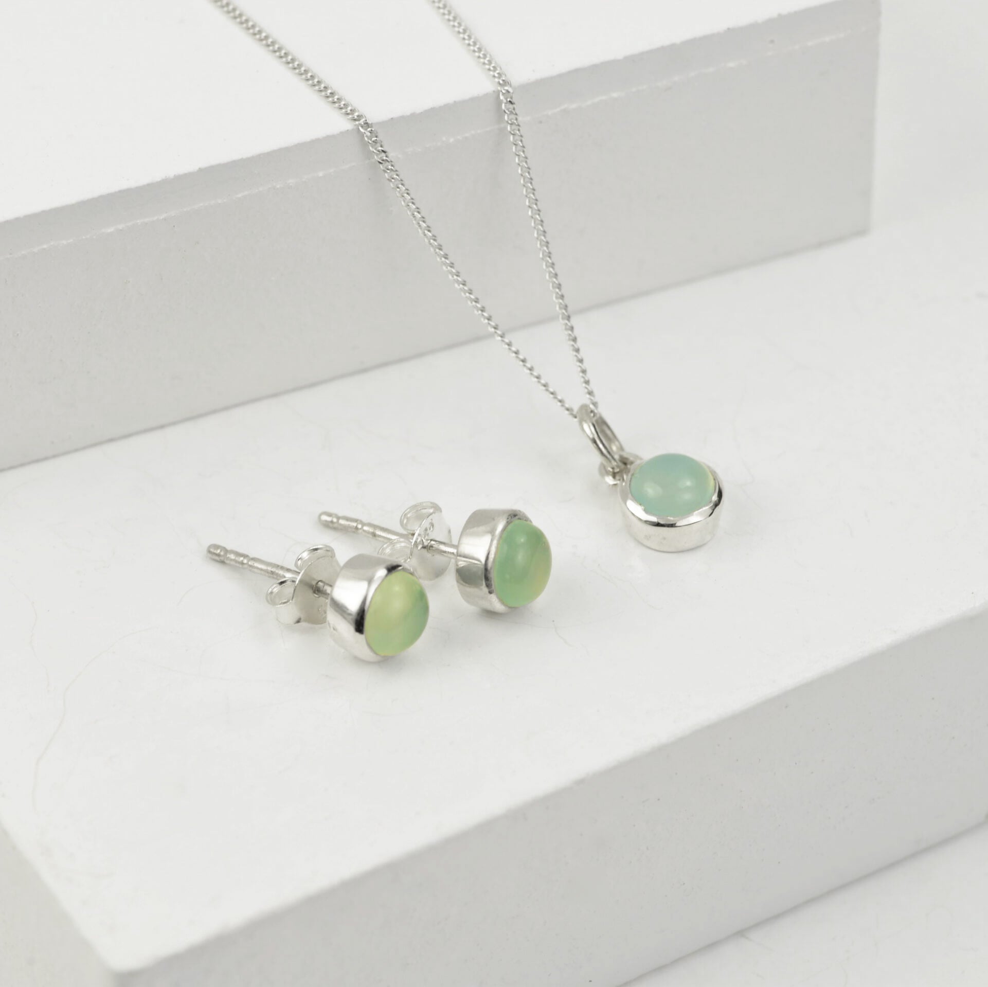 March Birthstone Jewellery Sets with Aqua Chalcedony - Studs and Pendant Necklace