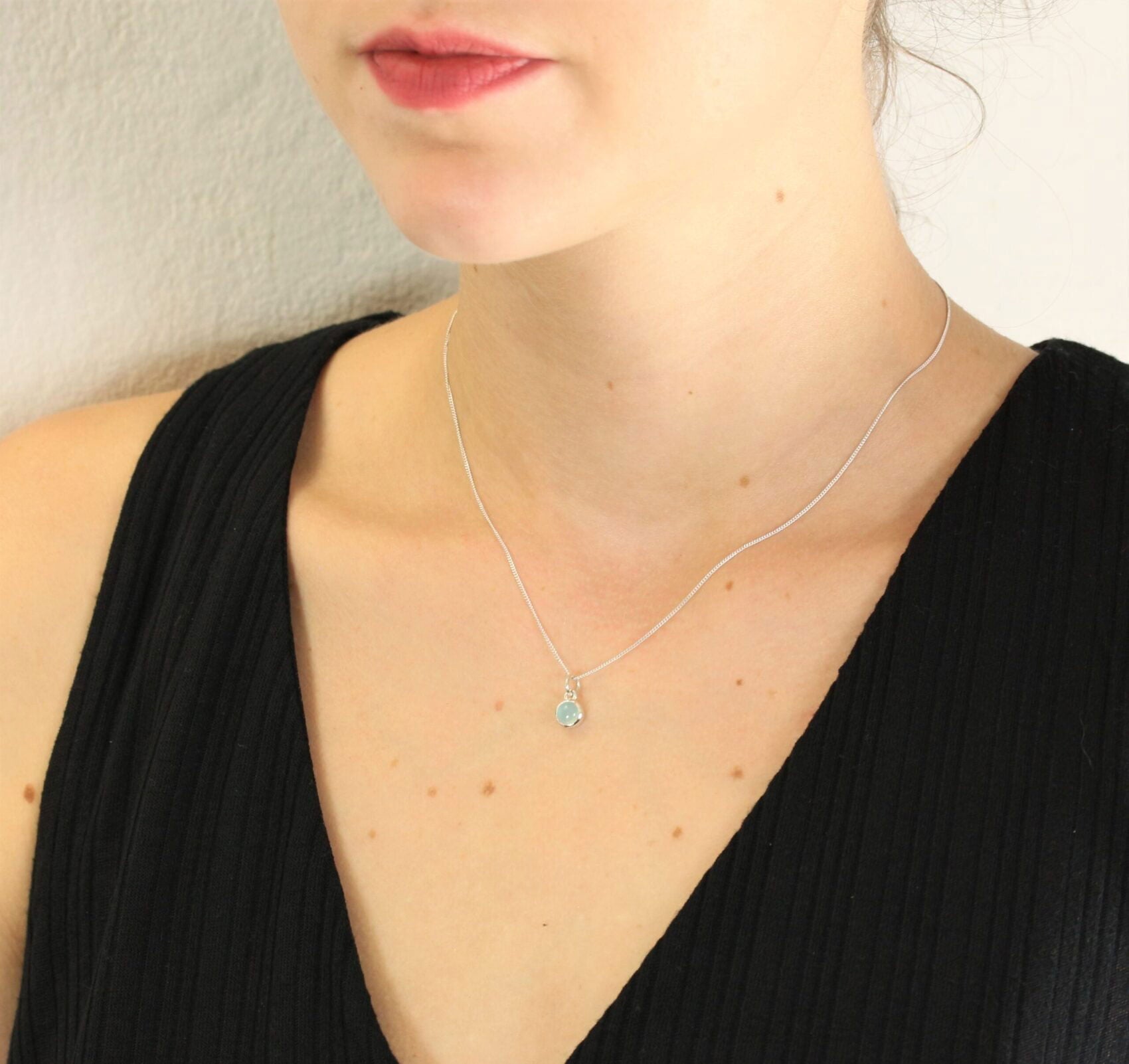 March Birthstone Necklace – Aqua Chalcedony Gemstone in Sterling Silver