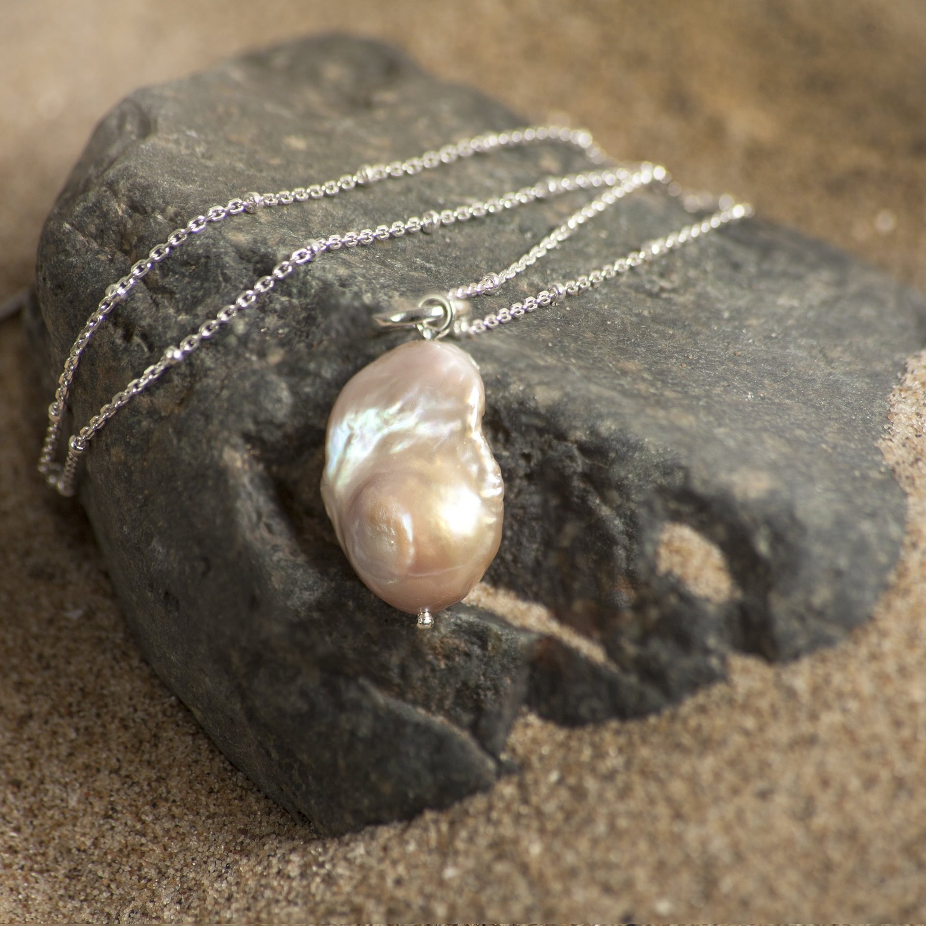 Champagne Baroque Fresh water Pearl Necklace in Sterling Silver