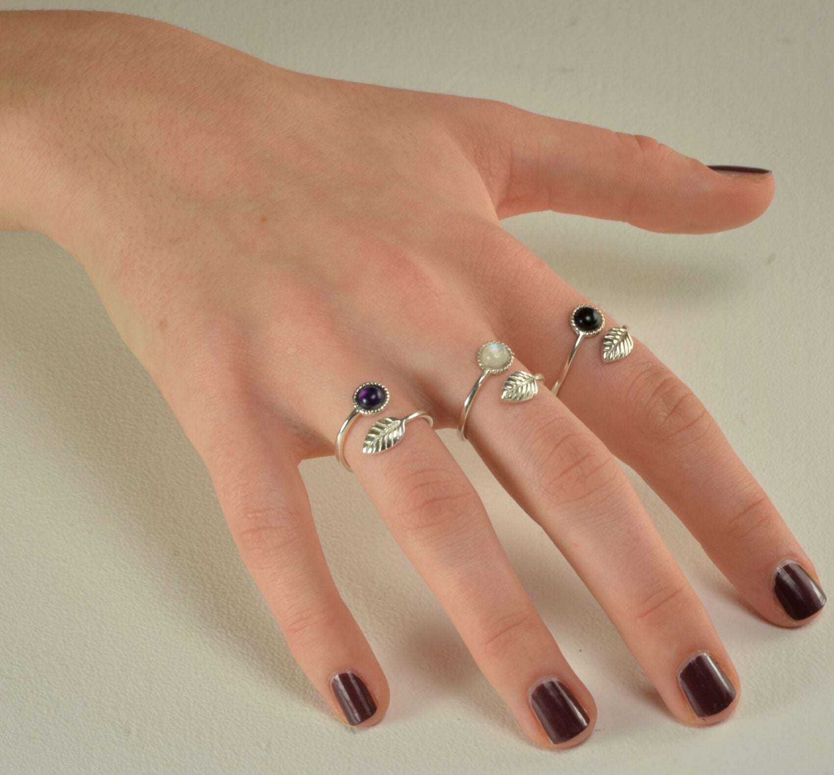 Adjustable Black Onyx and Tiny Leaf Ring in Sterling Silver