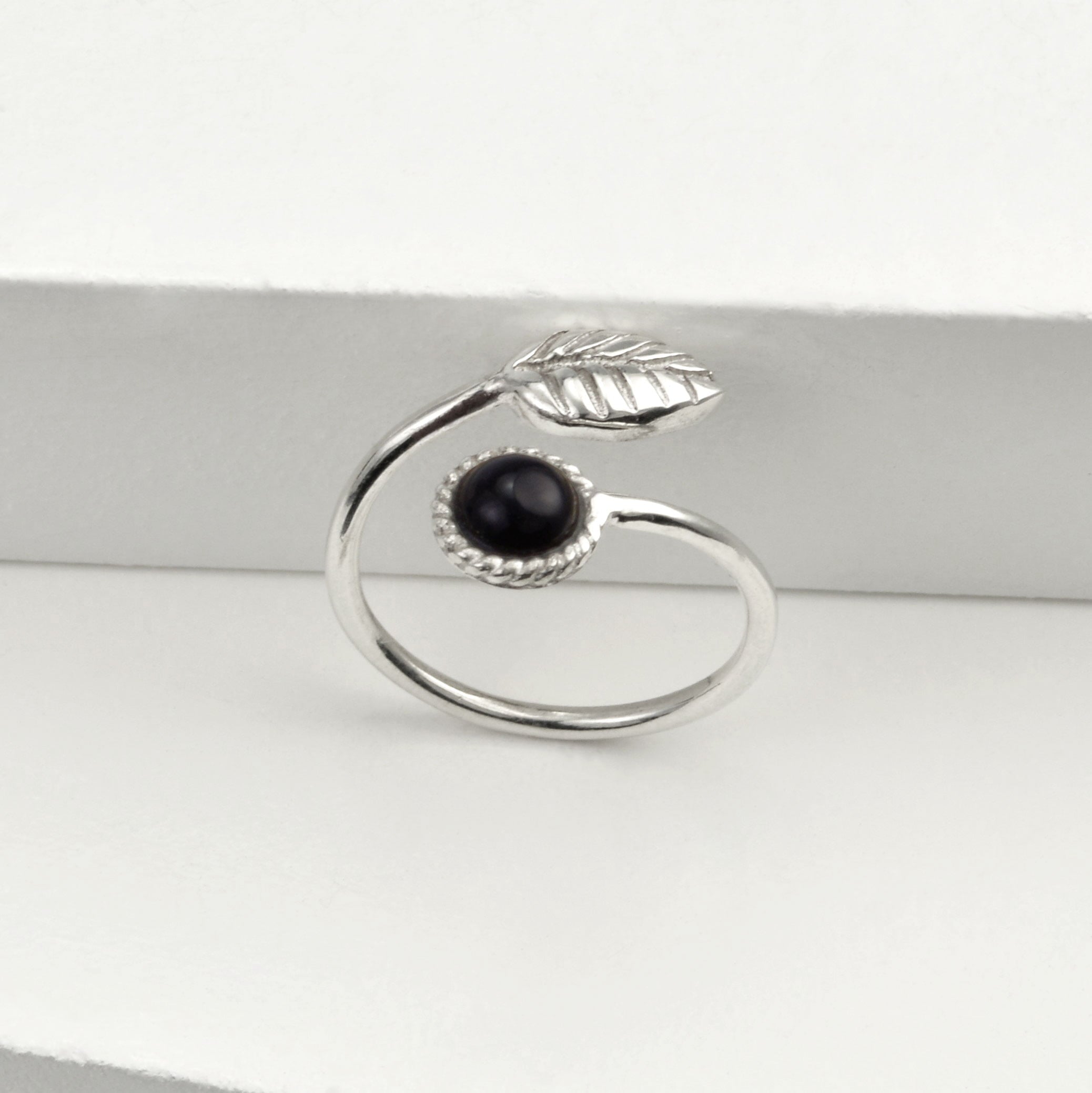 Adjustable Black Onyx and Tiny Leaf Ring in Sterling Silver