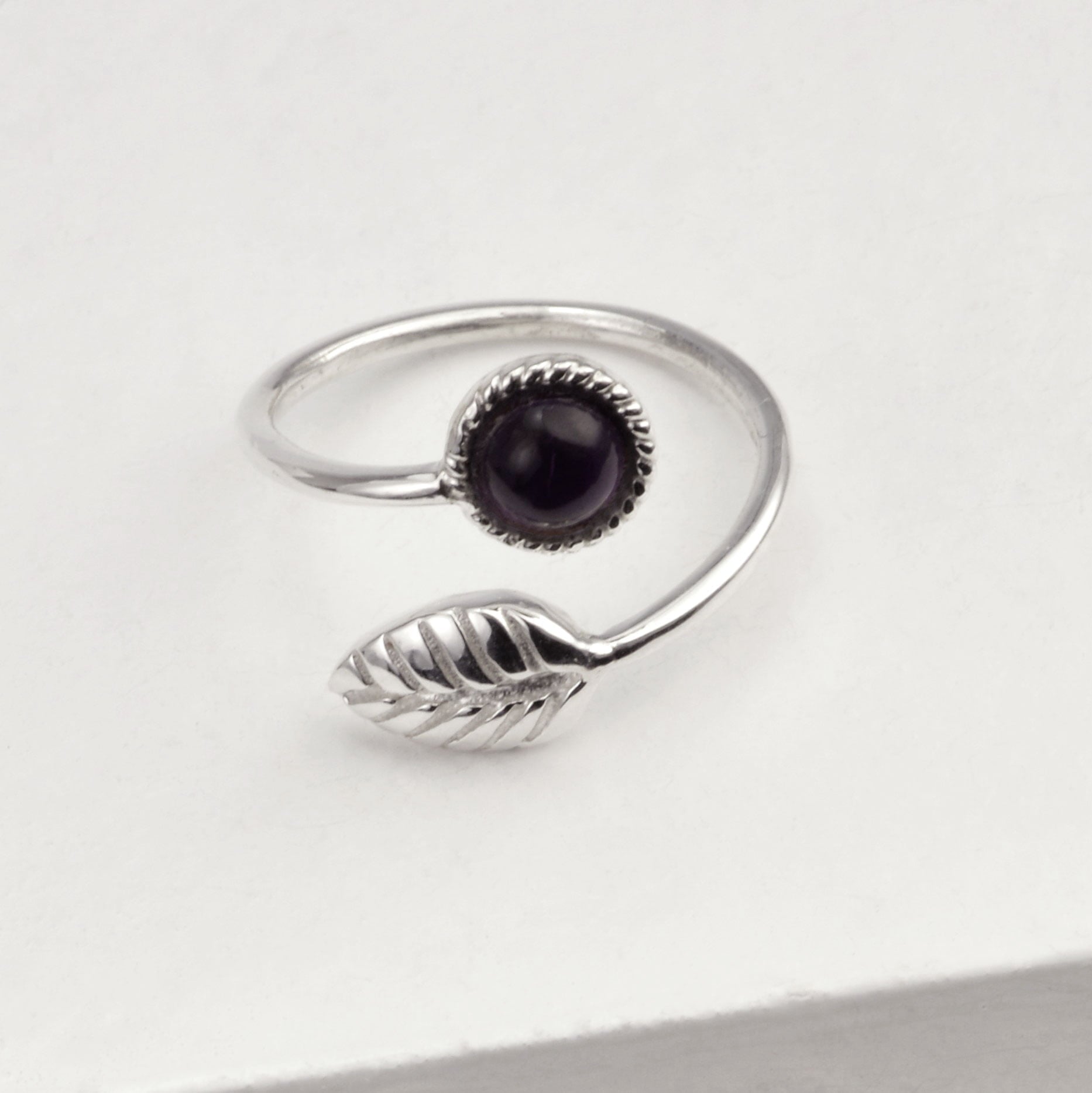 Adjustable Black Onyx and Tiny Leaf Ring in Sterling Silver