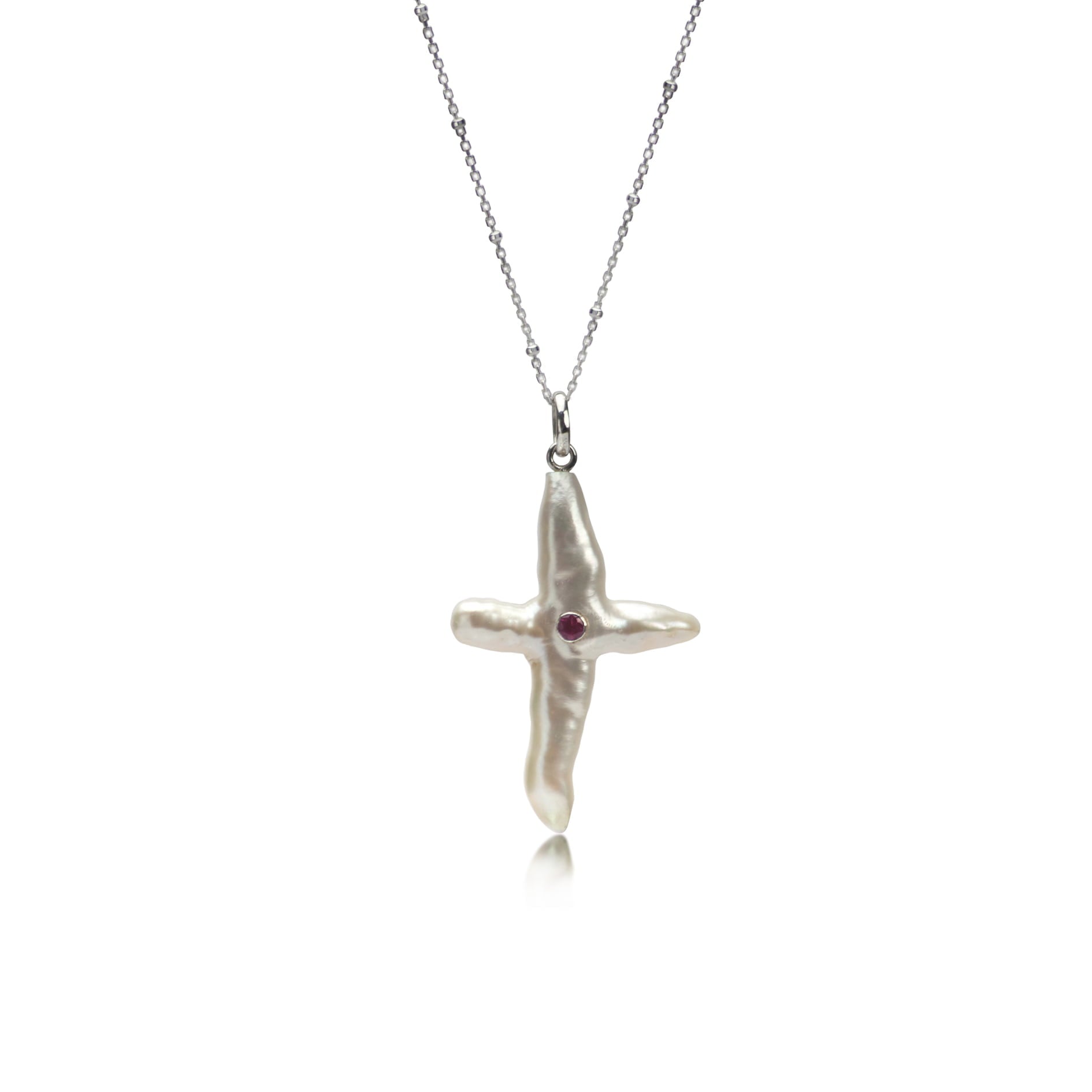 Cross Pearl Necklace with Ruby In Sterling Silver