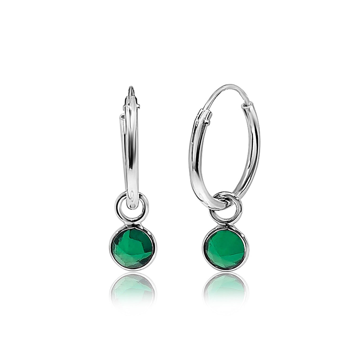 May Birthstone Hoop Earrings with Emerald Charm in Sterling Silver