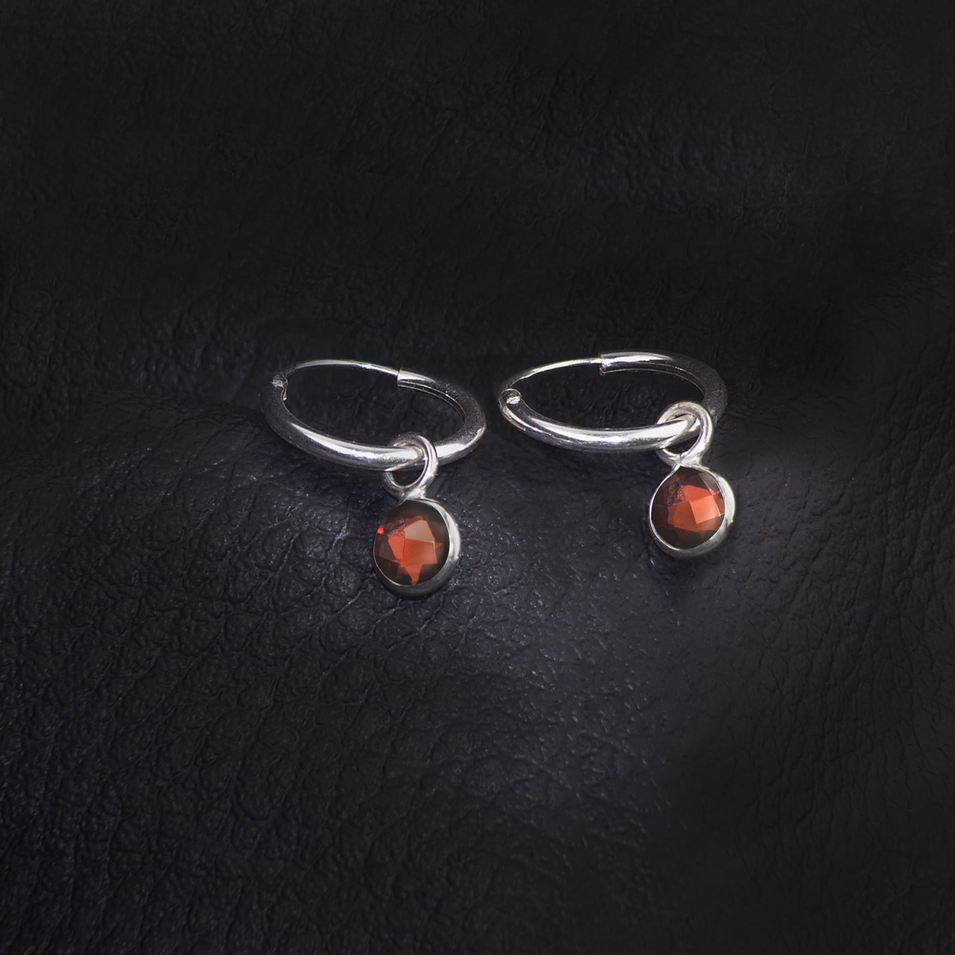 January Birthstone Hoop Earrings with Garnet Charm in Sterling Silver