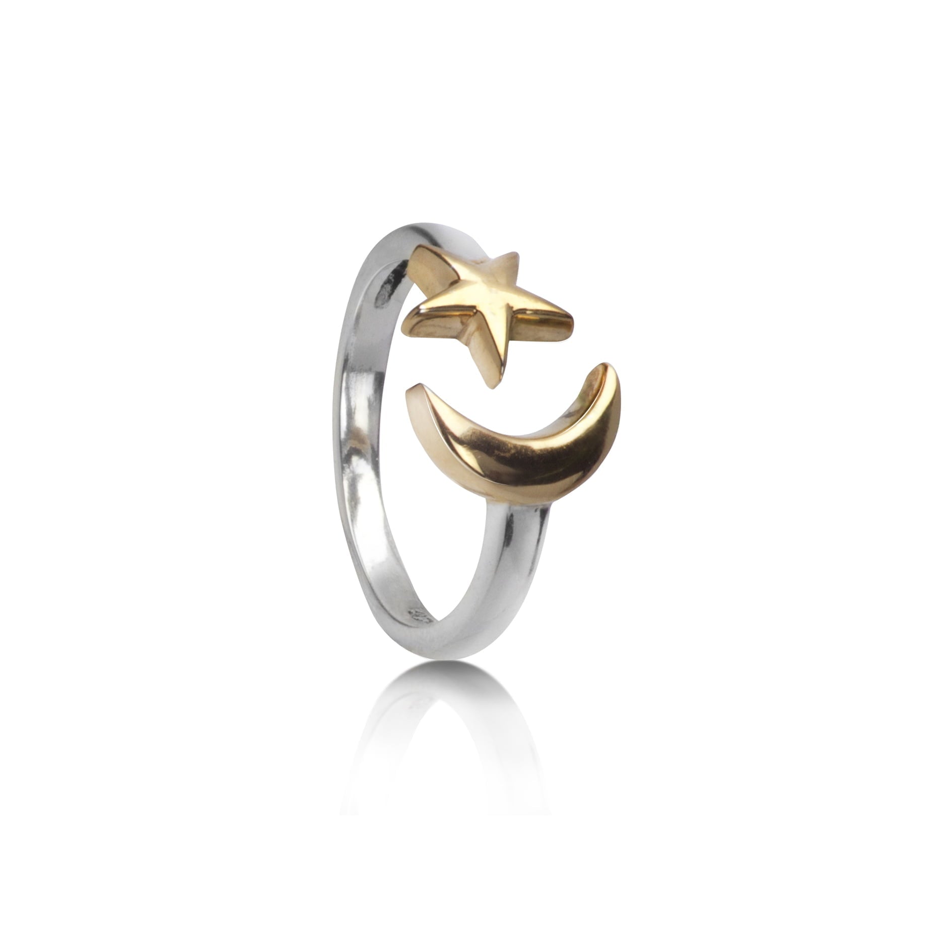 Adjustable ring with Star and Crescent Moon in Sterling Silver and Gold Vermeil