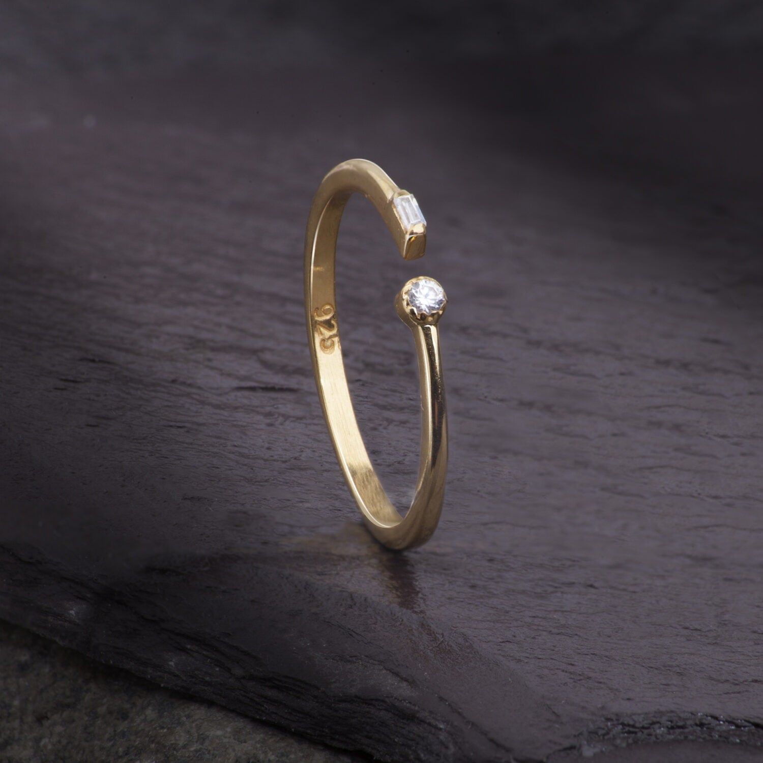 Adjustable Dainty Ring with Baguette and Round White Topaz in Gold Vermeil