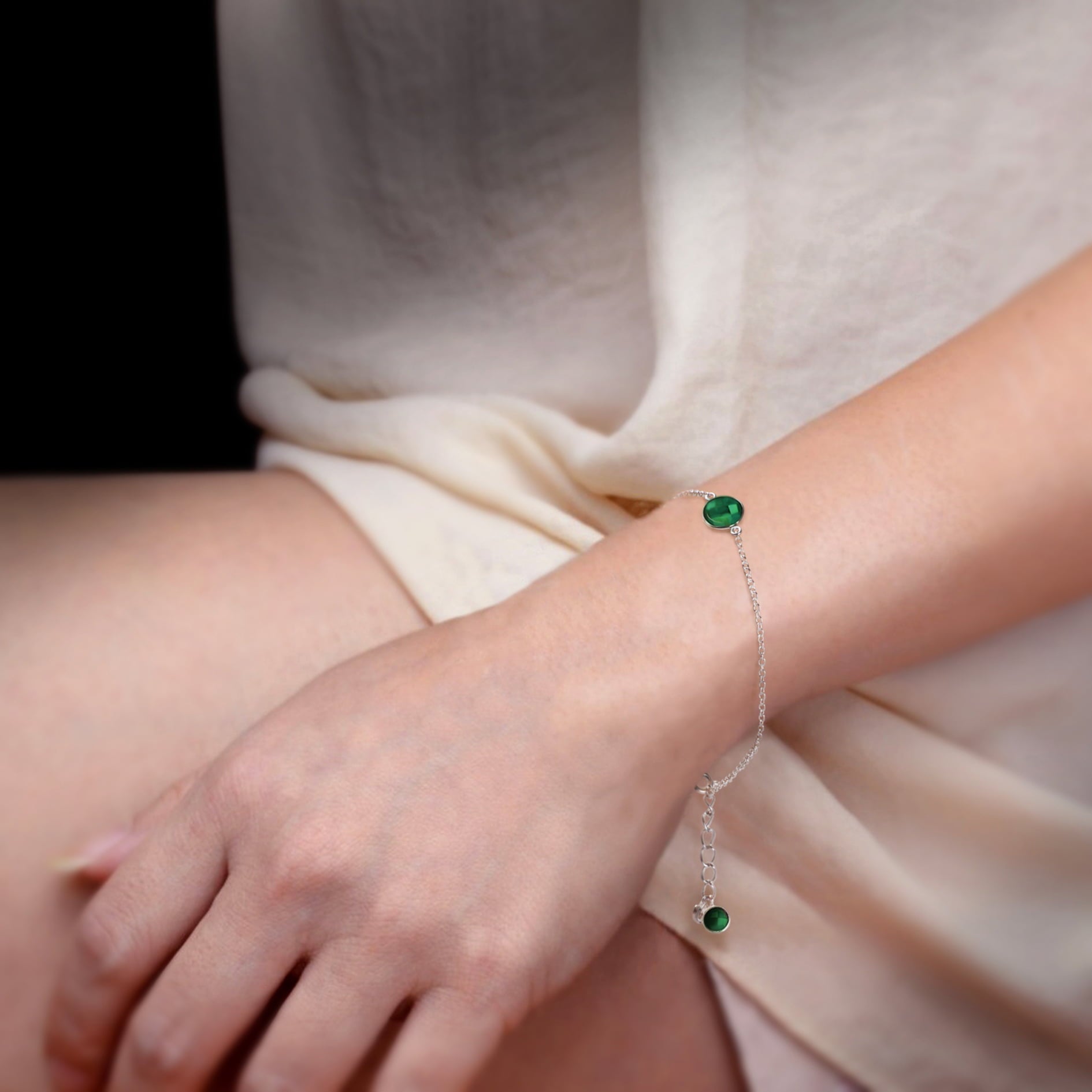 Green Onyx Chain Bracelet In Sterling Silver