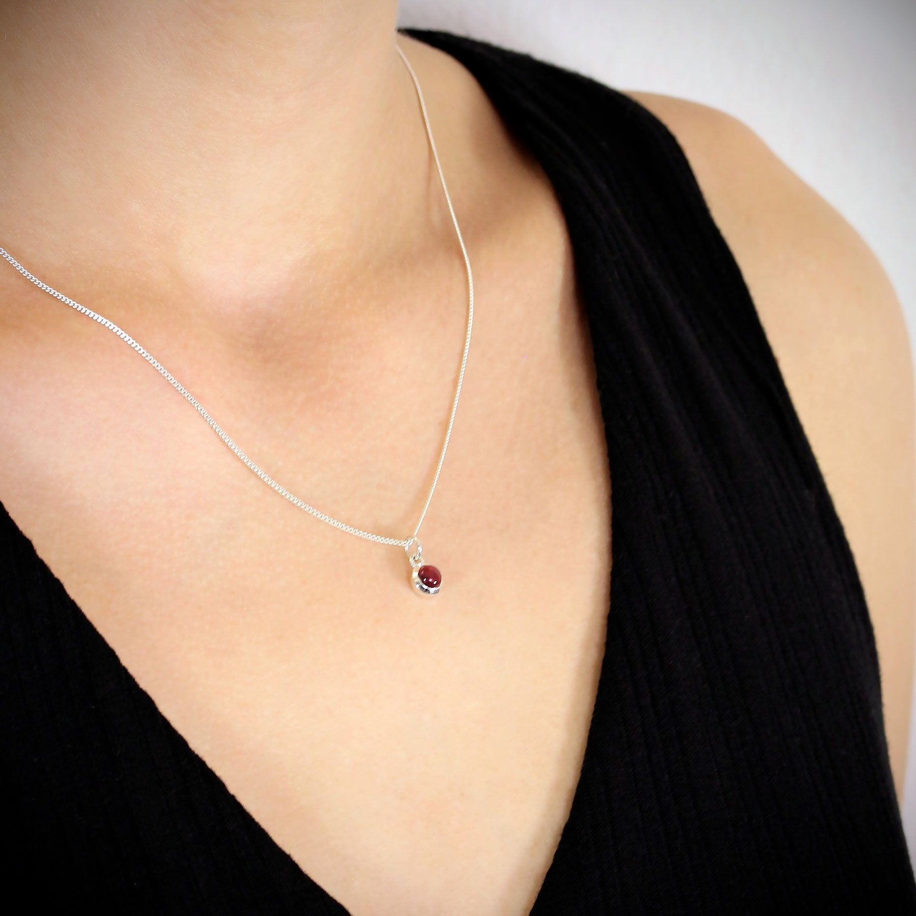 January Birthstone Necklace - Garnet Gemstone Charm in Sterling Silver
