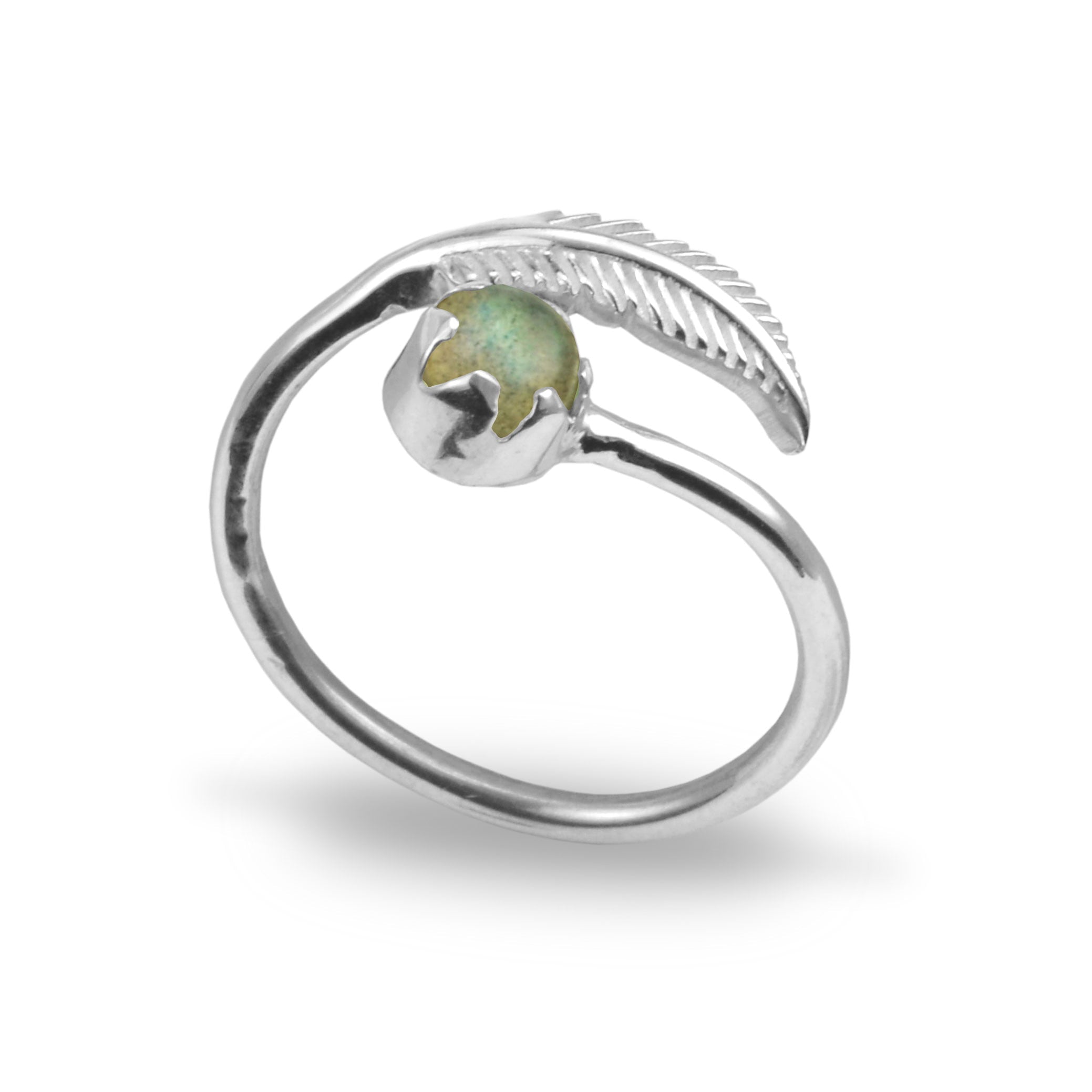 Adjustable Labradorite and Leaf Ring in Sterling Silver