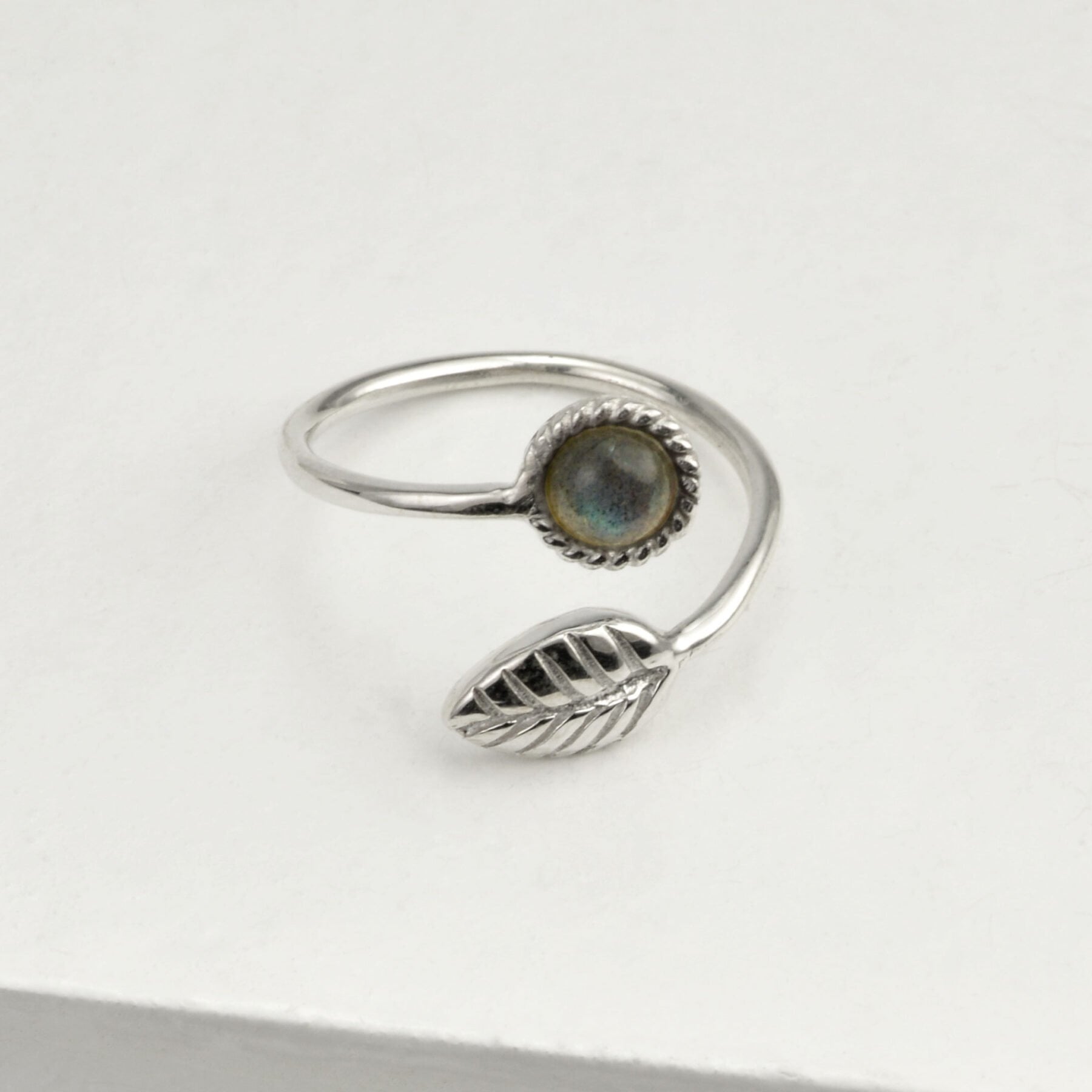 Adjustable Labradorite and Tiny Leaf Ring in Sterling Silver