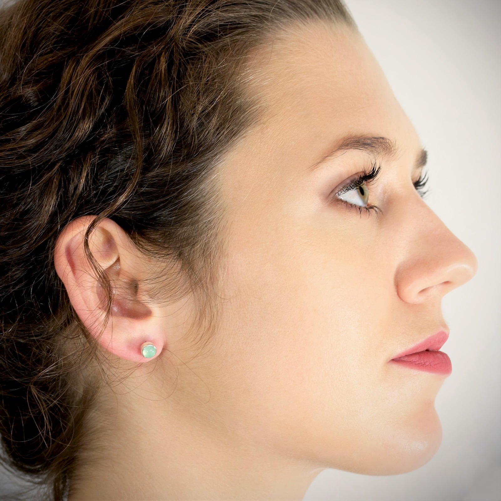 March Birthstone Earrings Aqua Chalcedony Studs in Sterling Silver on model