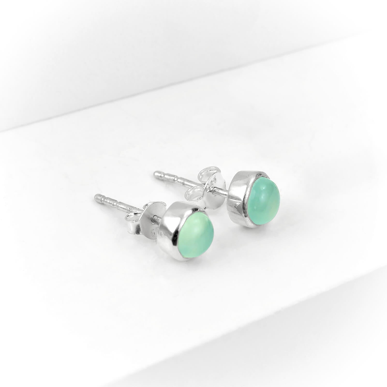 March birthstone studs in silver with aqua chalcedony gemstones