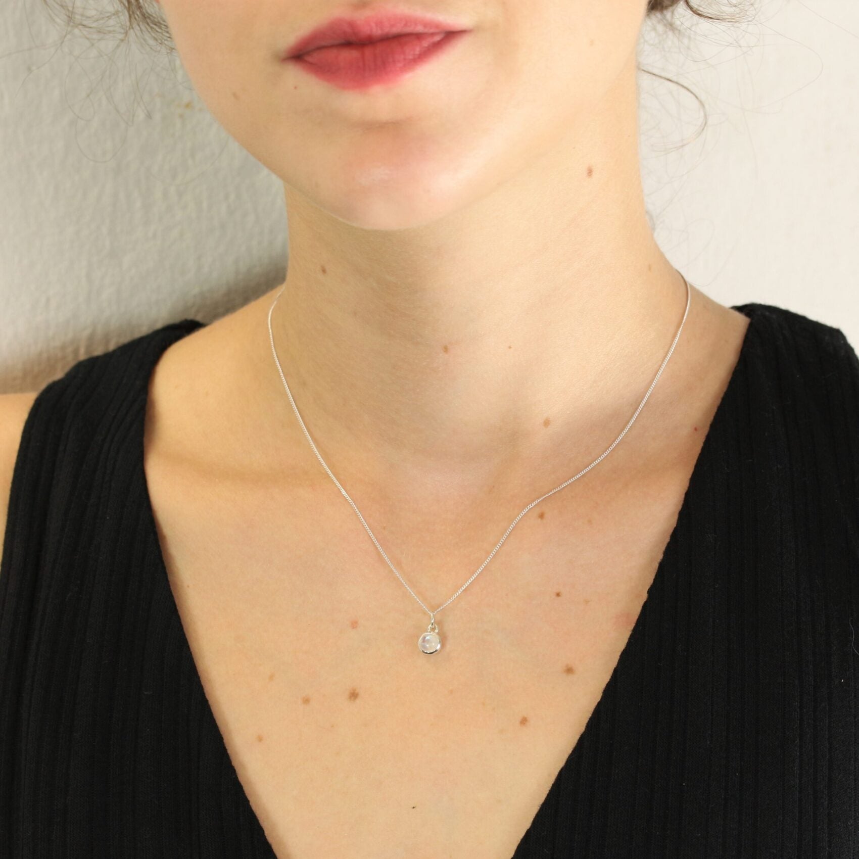 June Birthstone Necklace with Moonstone in Sterling Silver on model