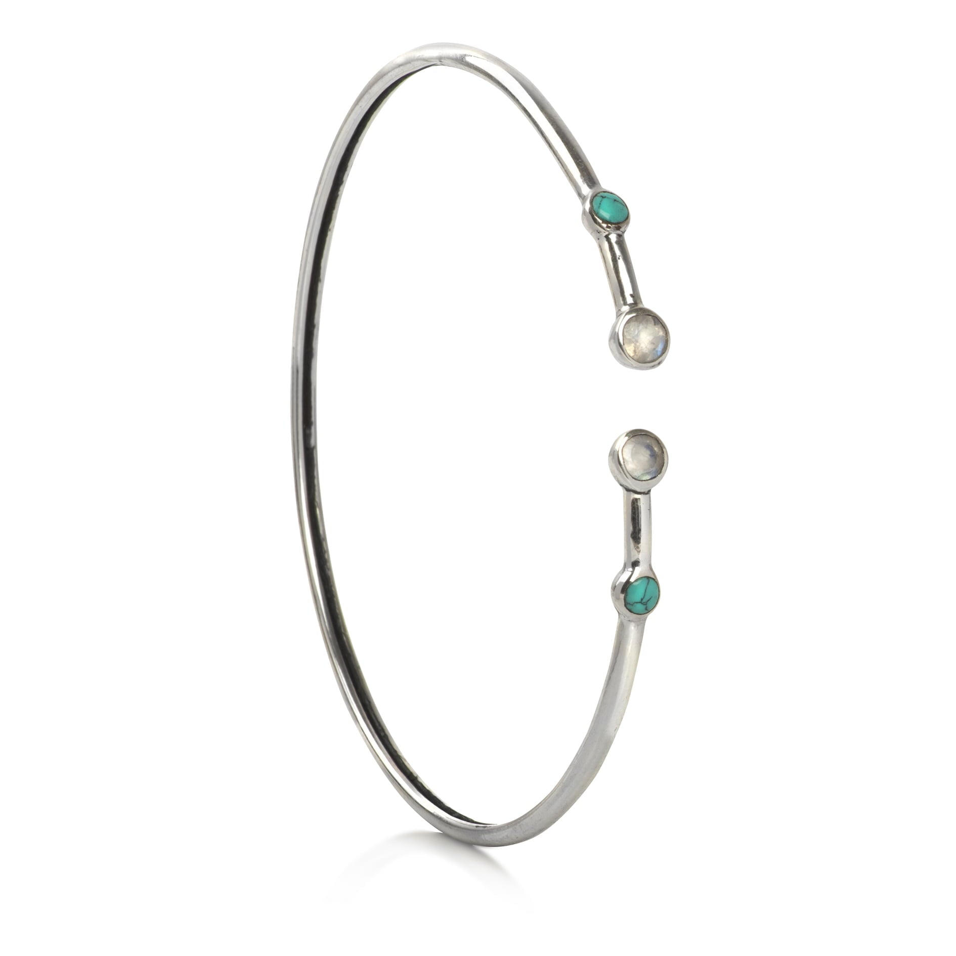 silver bangle with moonstone and turquoise gemstones