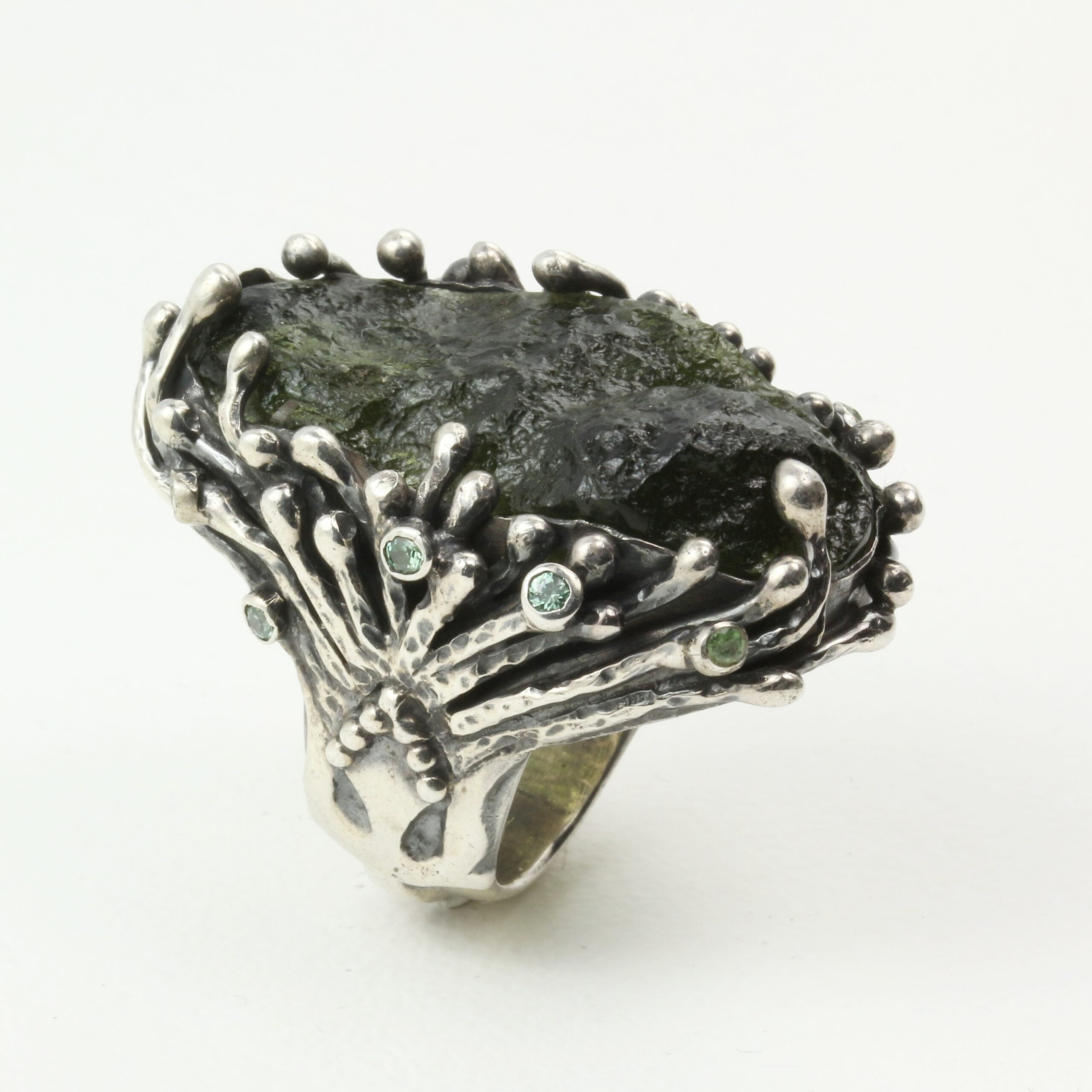 Mystic Forest Ring with Moldavite and Peridot in Sterling Silver