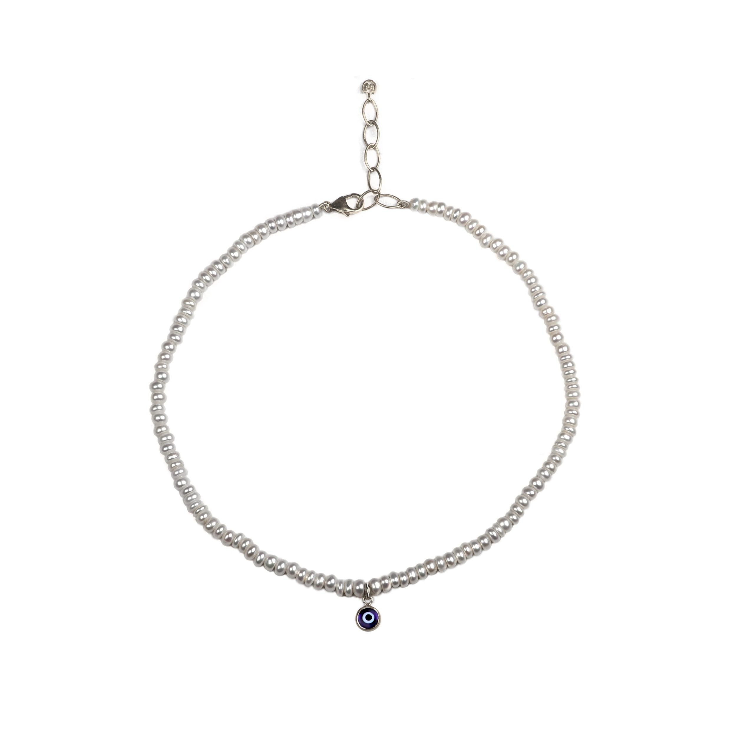 Fresh Water Pearl Choker Necklace With Nazar Charm In Sterling Silver