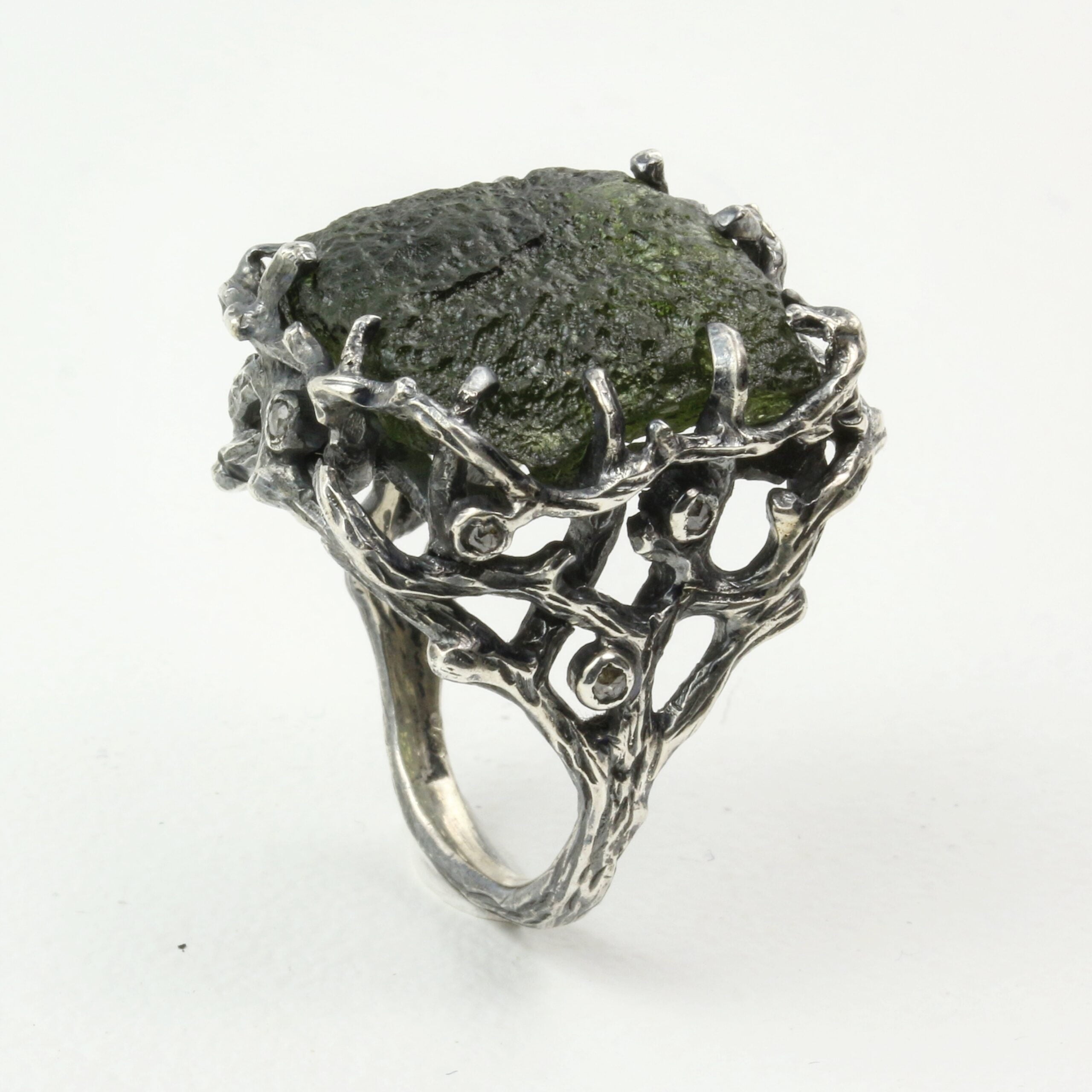 Mystic Universe Ring with Moldavite and Rose Cut Diamonds