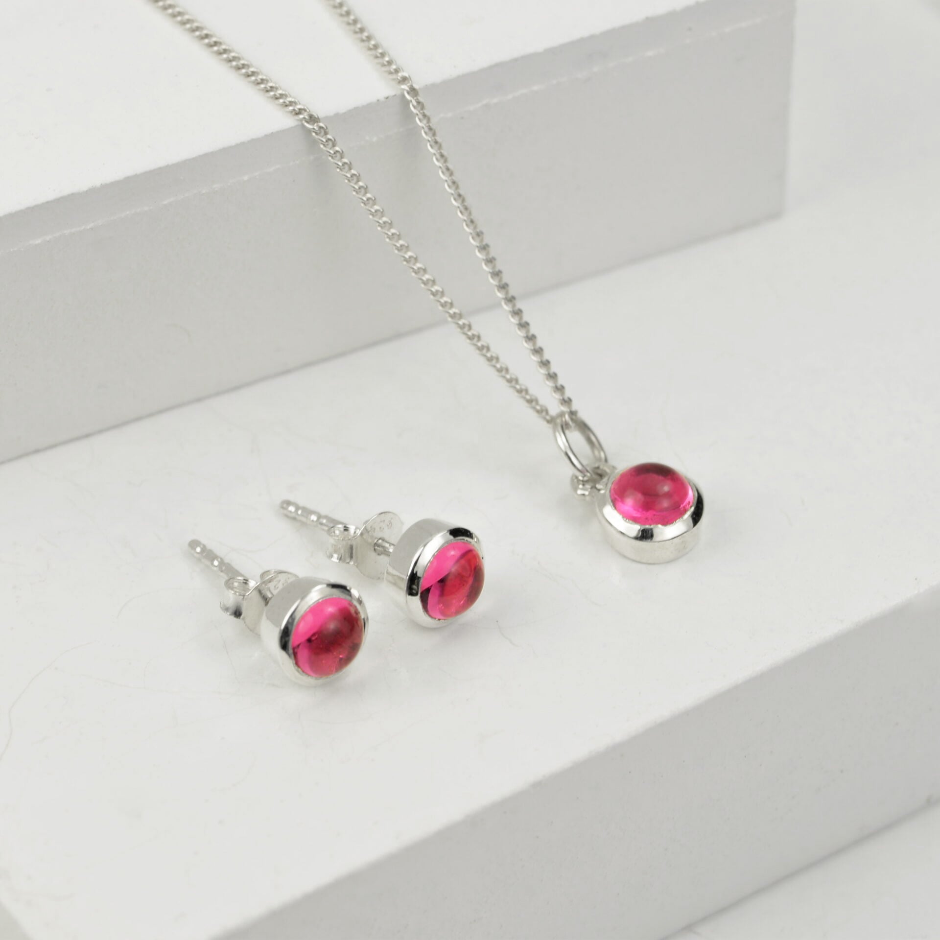 october birthstone jewellery set with pink tourmaline in sterling silver