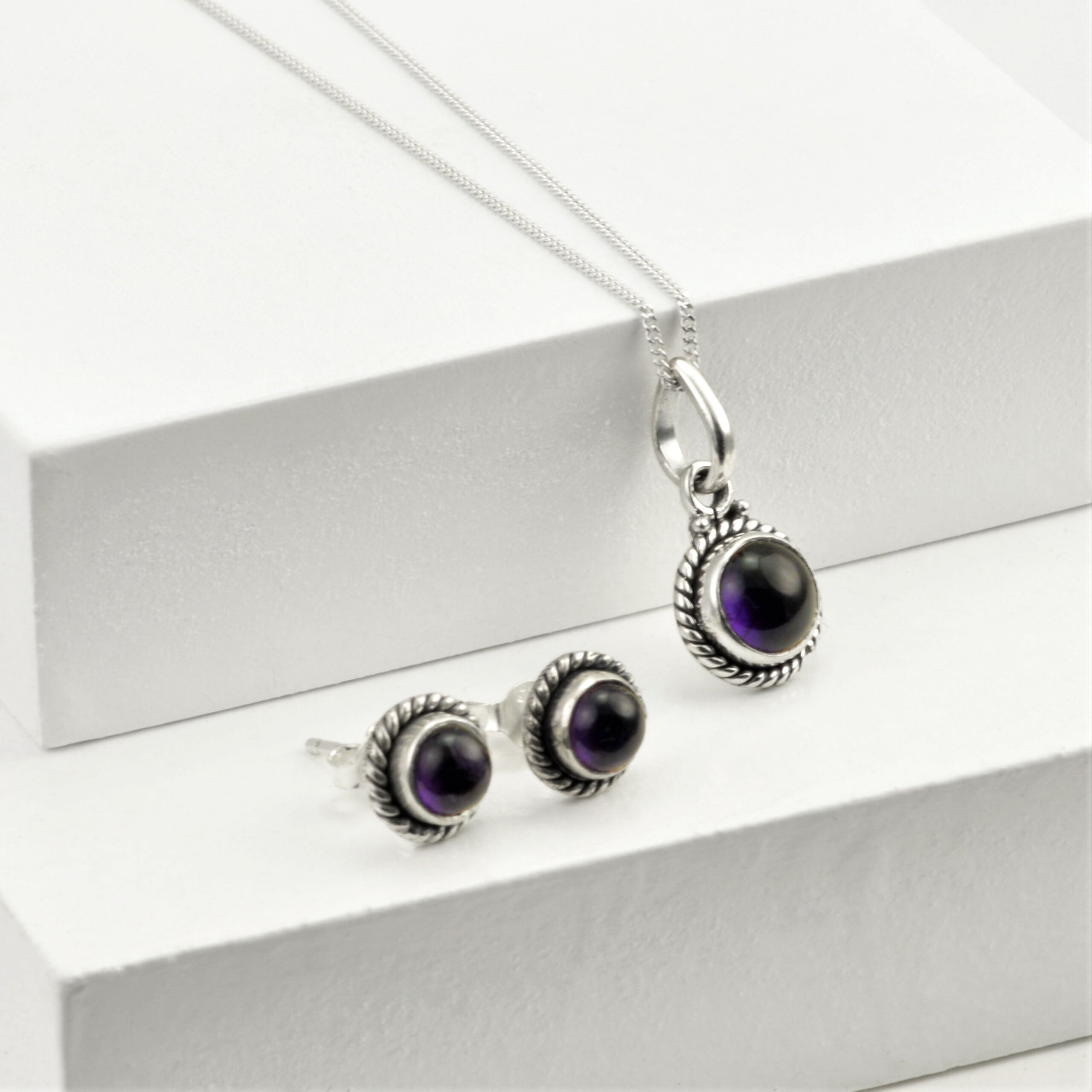Twisted Wire Round Amethyst Jewellery Set in Sterling Silver