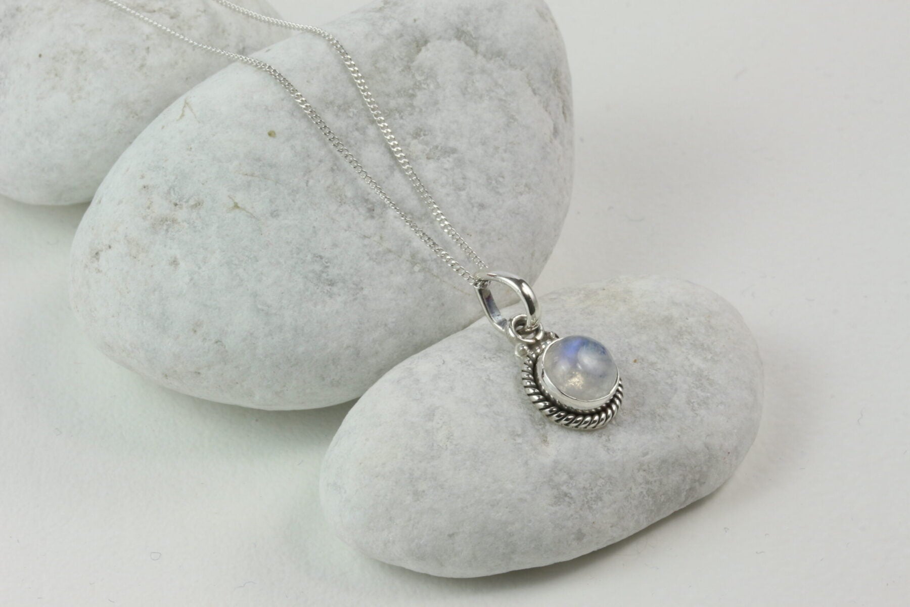 Twisted Wire Round Pendant Necklace with Moonstone in Sterling Silver